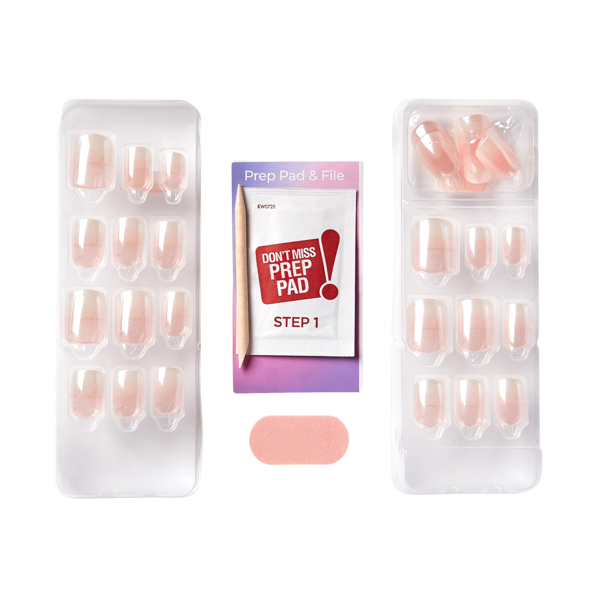 The image shows a set of artificial nails and nail preparation tools. There are two plastic trays, each containing a set of artificial nails in various sizes. The nails are a light pink color. Between the trays, there is a small packet labeled "Prep Pad & File" with the instruction "Don&