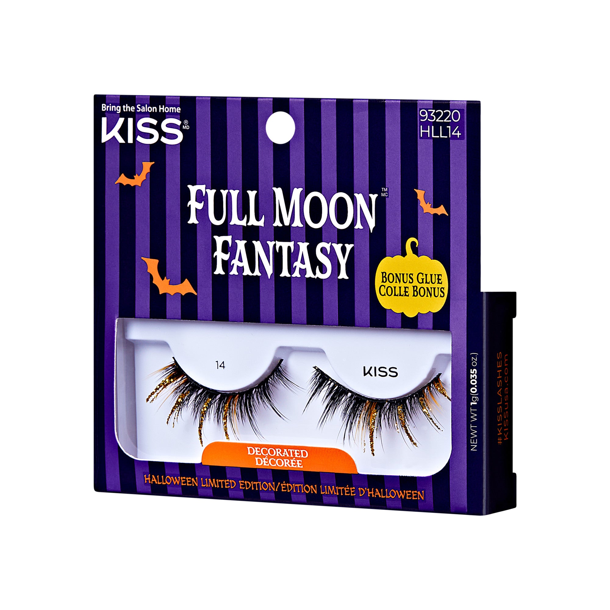 The image shows a product package for "KISS Full Moon Fantasy" false eyelashes. The packaging has a Halloween theme with a purple and black striped background and features orange bats and a crescent moon. The product includes a pair of decorated false eyelashes, labeled as "14," and a bonus glue. The packaging also indicates that this is a limited edition for Halloween. The product code "93220 HLL14" is displayed in the top right corner.