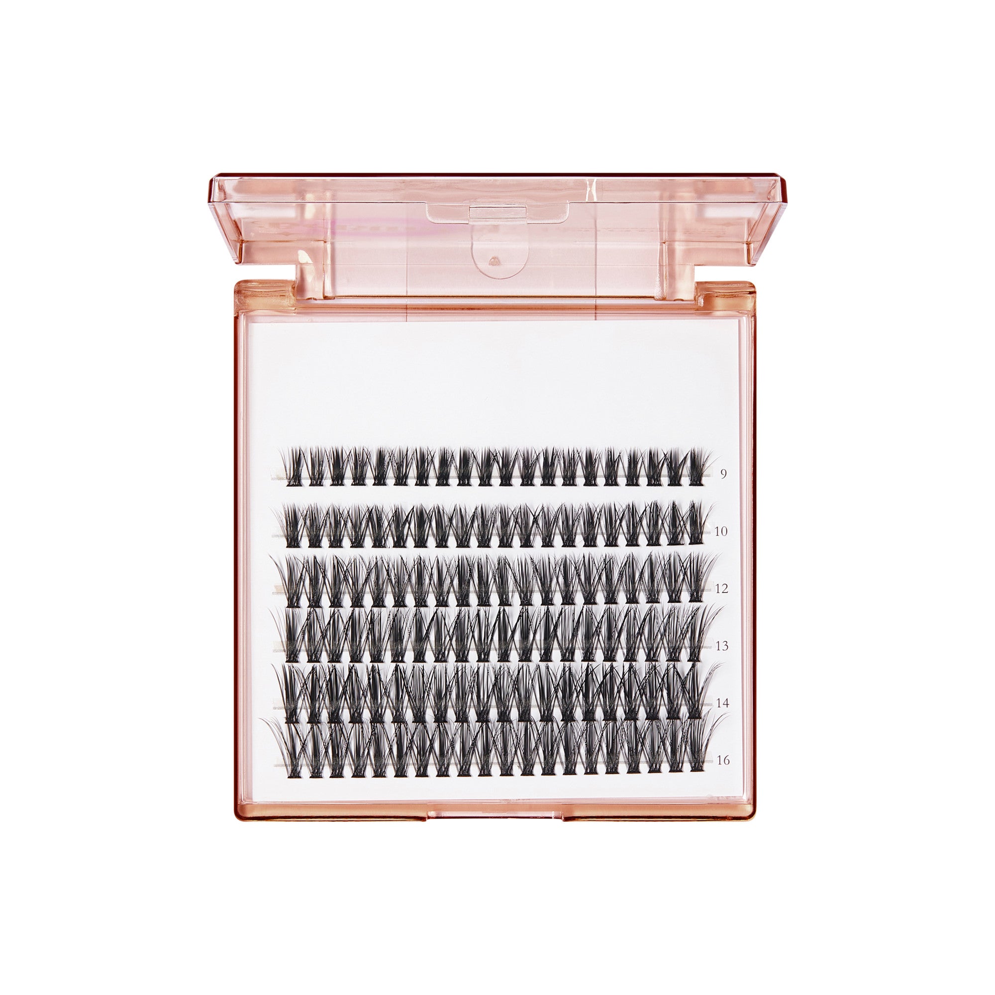 The image features a clear, rectangular case containing multiple rows of individual false eyelashes. The lashes are arranged neatly in ascending lengths, labeled from 9 to 16 millimeters. The lashes appear to be a dark color, likely black, and have a natural, wispy texture. The case itself has a soft pink hue, adding a touch of elegance to the overall presentation.
