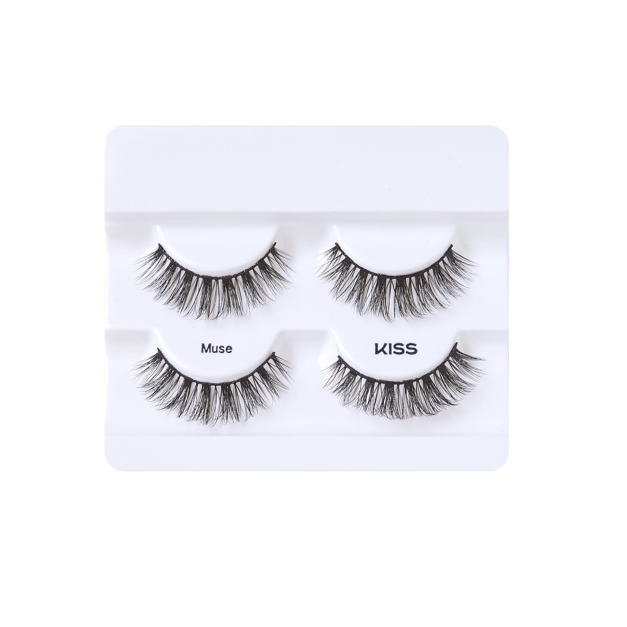 Two pairs of KISS Lash Couture faux mink false eyelashes in black, displayed in white plastic packaging labeled \