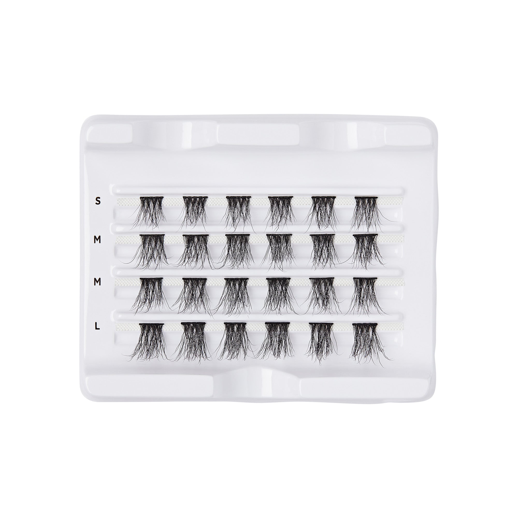 Tray of 24 black faux mink eyelash wisps in four rows, labeled with sizes S, M, and L on the left side, against a white background.
