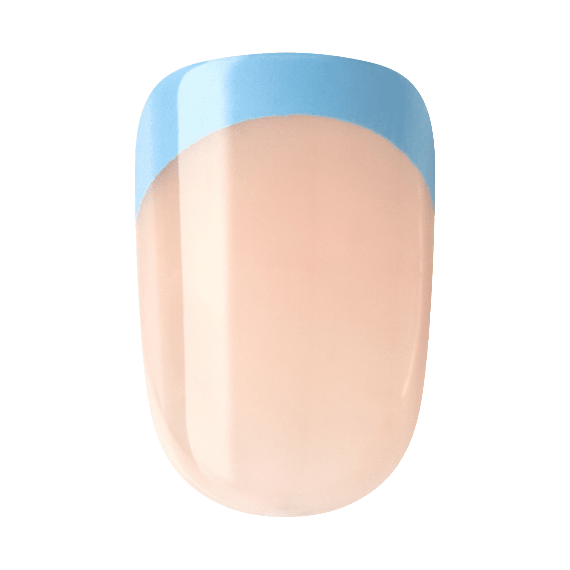The image shows a close-up of a single fingernail with a polished and manicured appearance. The nail is painted with a nude or light pink base color, and the tip is adorned with a light blue French tip design. The overall look is clean, glossy, and well-maintained, showcasing a simple yet elegant nail art style.
