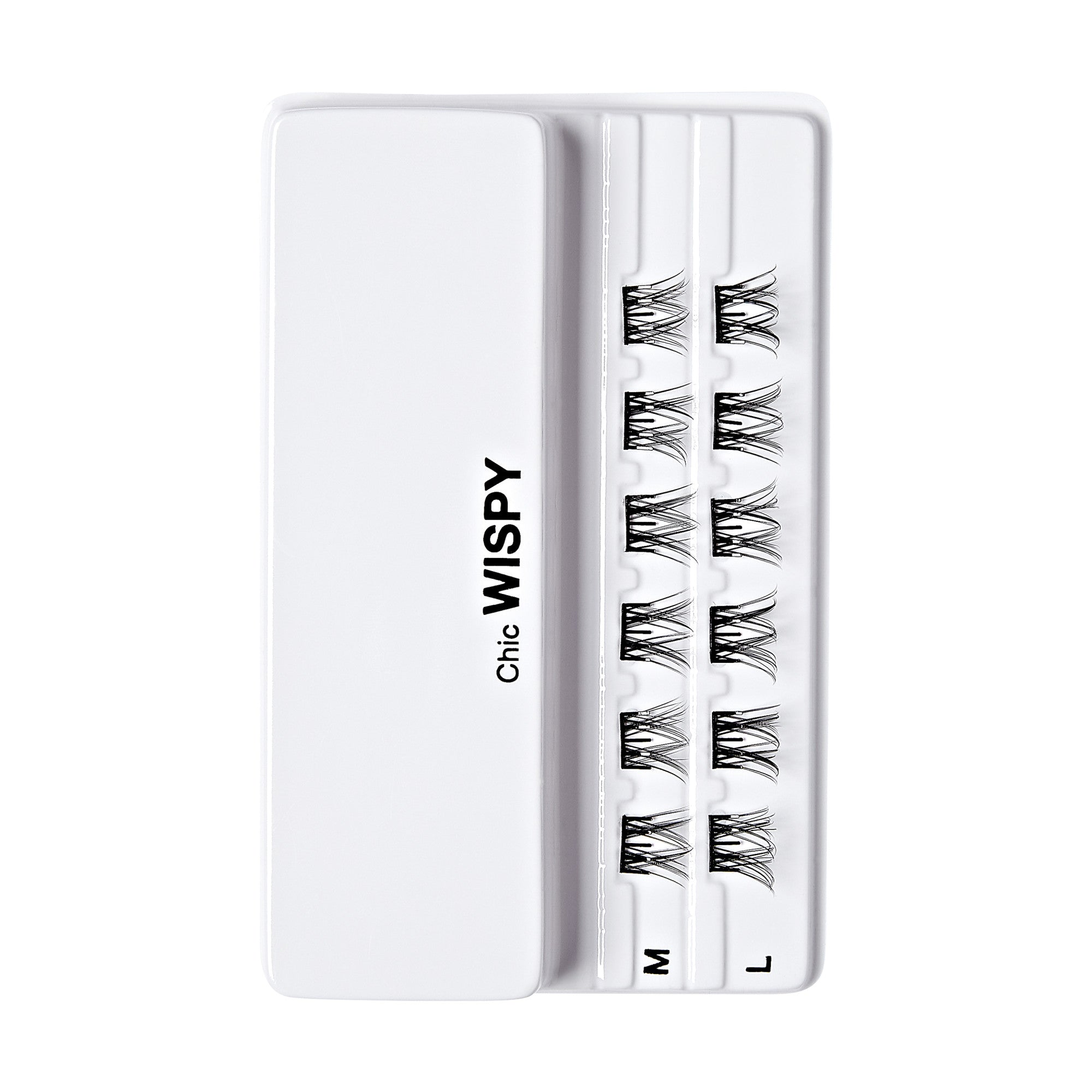 The image shows a white plastic case containing false eyelashes. The case is labeled "Chic WISPY" on the left side. Inside the case, there are three rows of false eyelashes, each row labeled with a different size: "M" for medium, and "L" for large. The eyelashes are neatly arranged in pairs within each row. The overall design is clean and minimalistic.