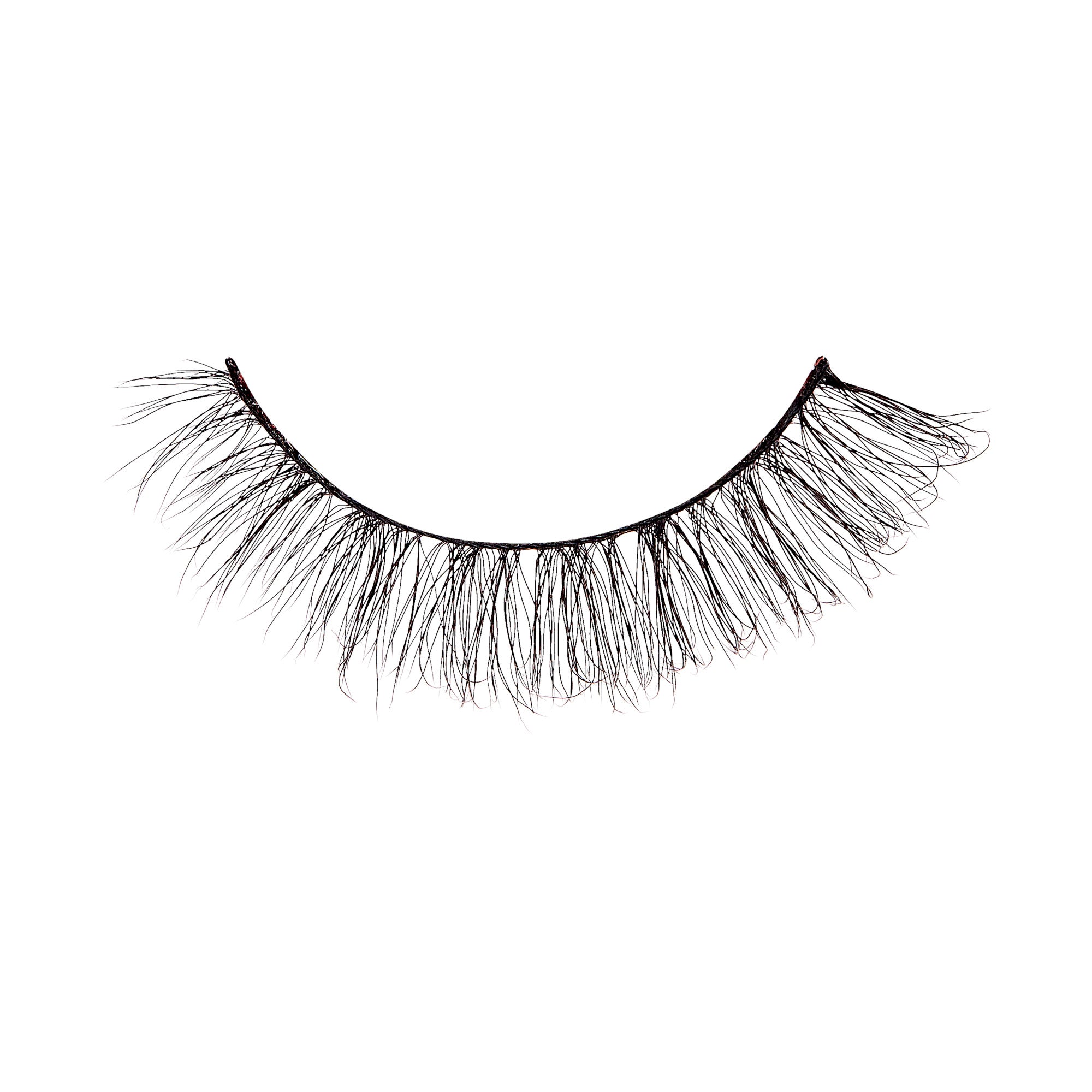 The image shows a single false eyelash. The eyelash is curved and has a black band at the base. The lashes are long, wispy, and appear to be made of synthetic fibers. The individual strands vary in length, giving a natural and voluminous look. The overall design is intended to enhance the appearance of the eyes when applied.