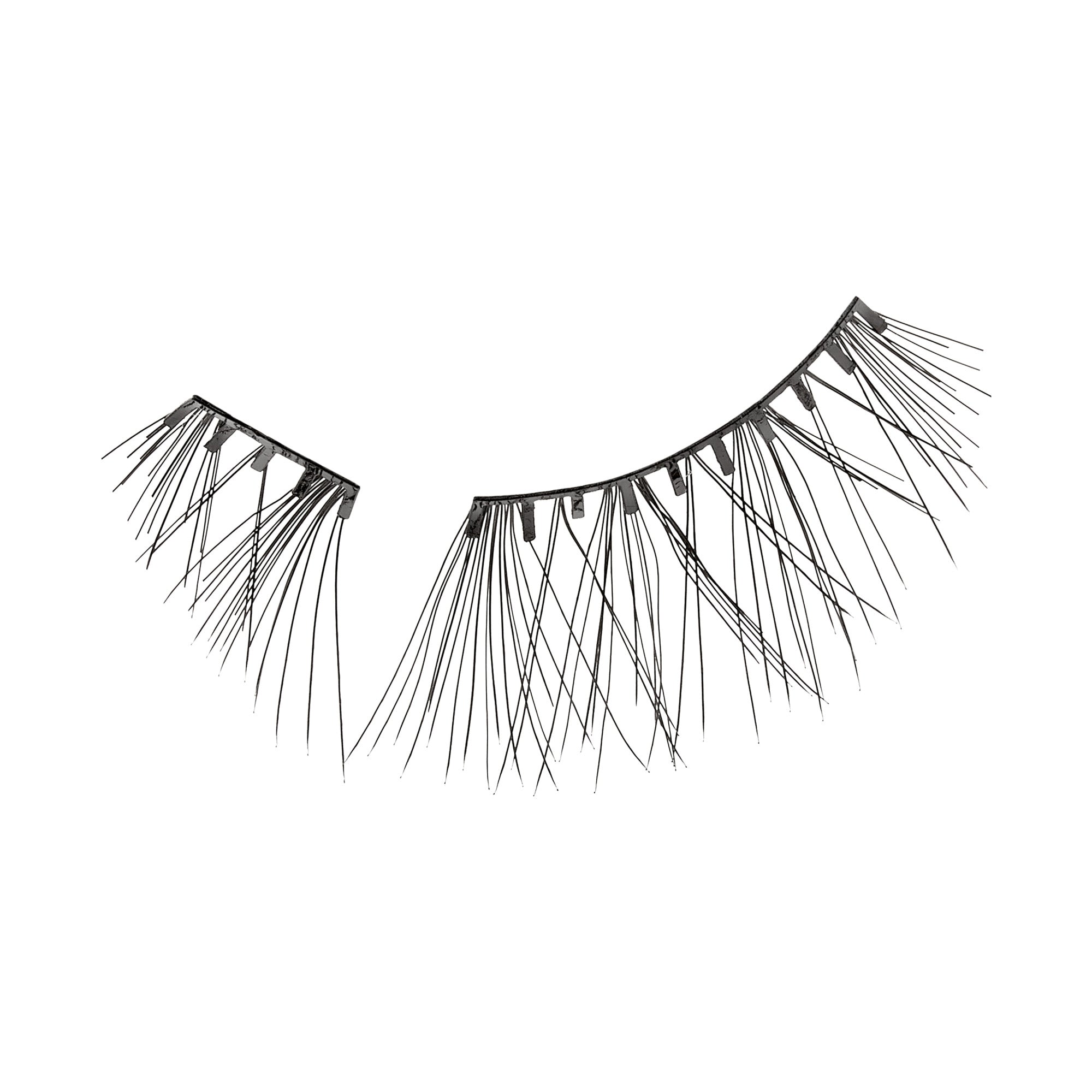 The image features a pair of false eyelashes. One strip is intact, while the other is partially separated. The lashes are long and wispy, with varying lengths that create a dramatic effect. They are black in color, designed to enhance the appearance of natural eyelashes. The overall look is glamorous and suitable for makeup applications.