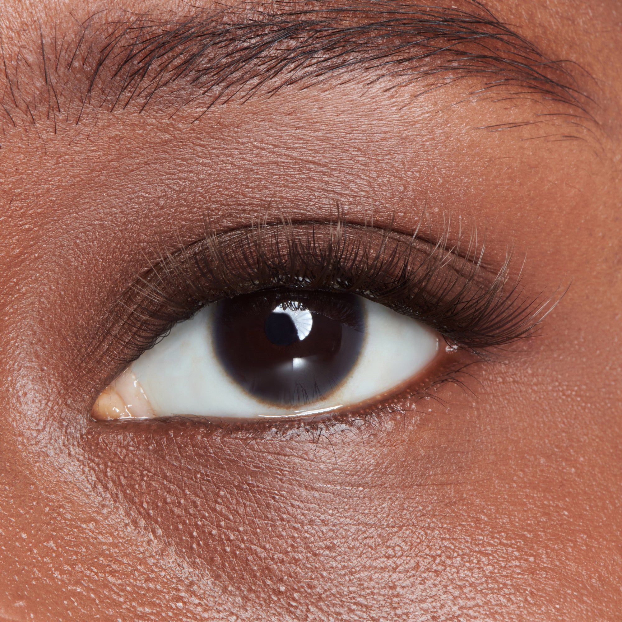 The image features a close-up of a human eye, showcasing a rich, dark iris surrounded by a well-defined eyelid. The skin tone is deep and smooth, highlighting the natural texture. The eyelashes are long and prominent, framing the eye beautifully. The overall focus is on the eye&