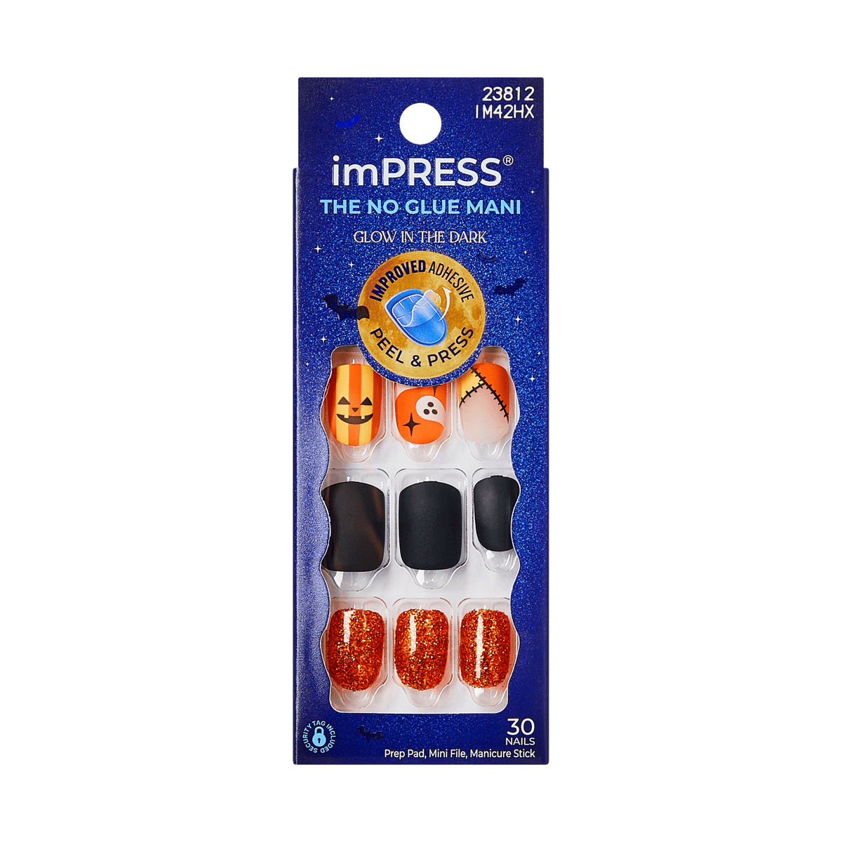 Impress Design Halloween No Glue Fake Press On Nails - Dead Glam | Design, Orange & Black, Short, Squoval, Glow In The Dark, Manicure