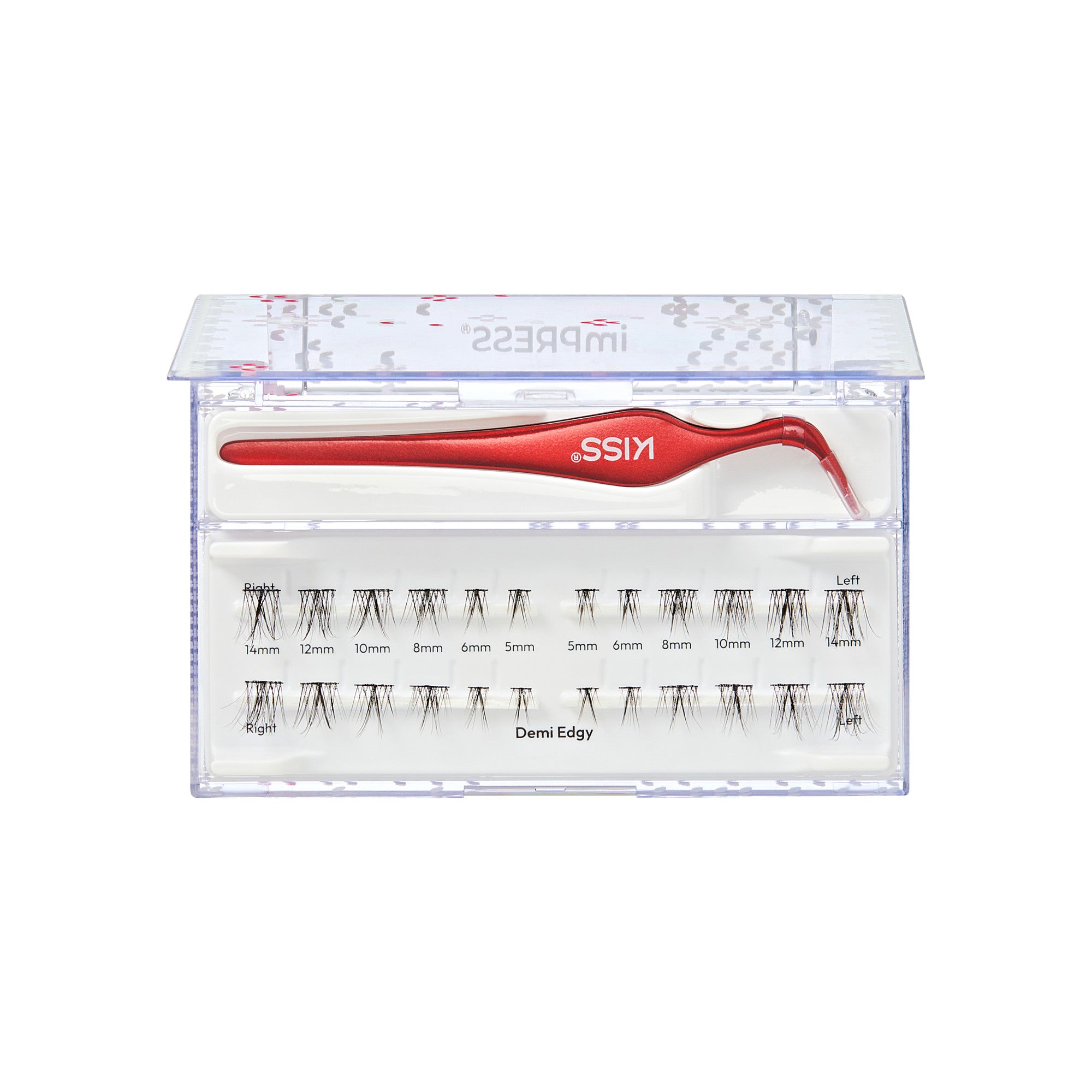 MISS lash extension kit with red applicator and assorted sizes (5mm-14mm) for left and right demi edgy lashes.
