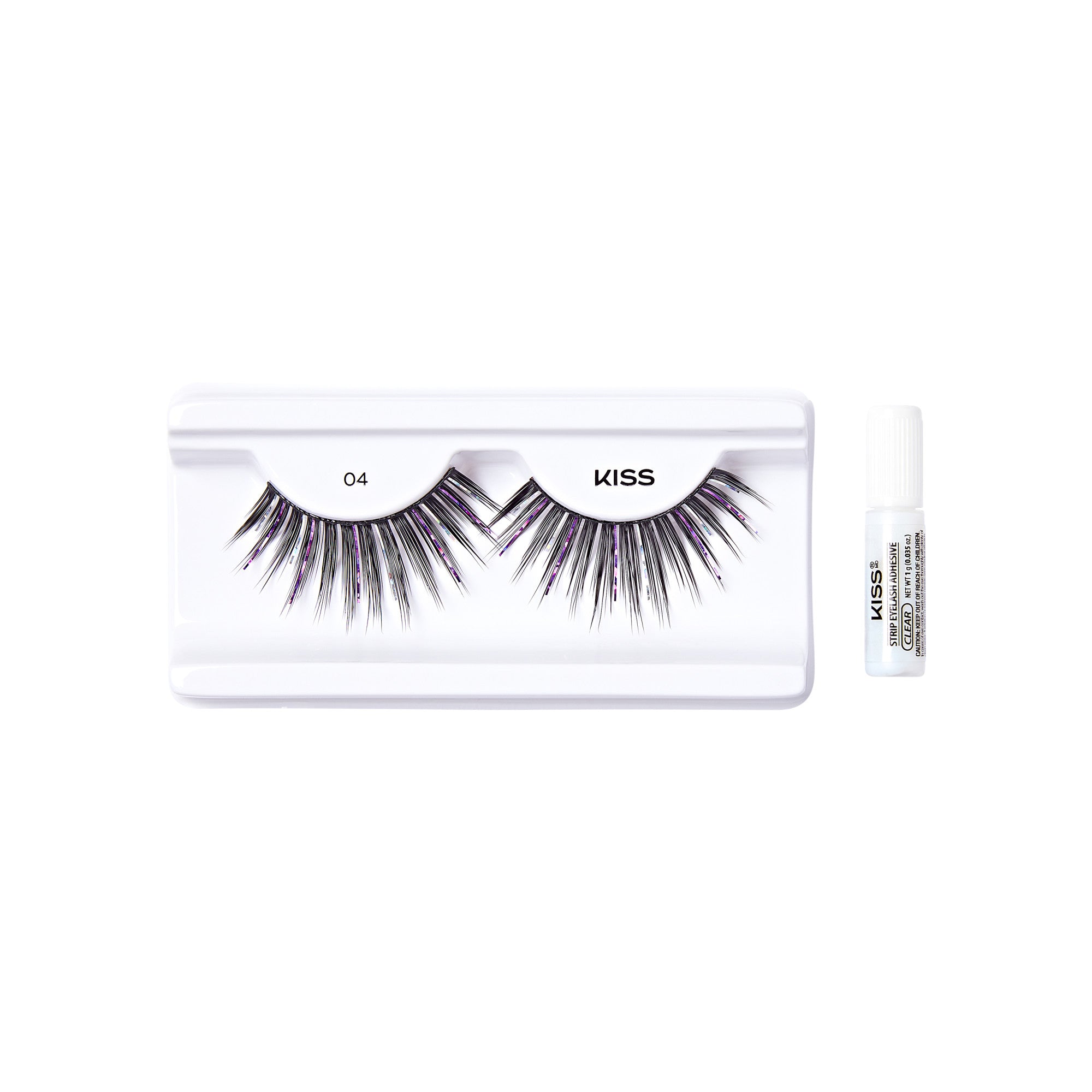 The image shows a set of false eyelashes and a small tube of adhesive. The false eyelashes are displayed on a white plastic tray, labeled with the number "04" and the brand name "KISS." The eyelashes are long and voluminous, with a mix of black and possibly some lighter strands for a dramatic effect. To the right of the tray, there is a small white tube of adhesive, also branded with "KISS" and some additional text. The overall presentation is clean and minimalistic, highlighting the product.