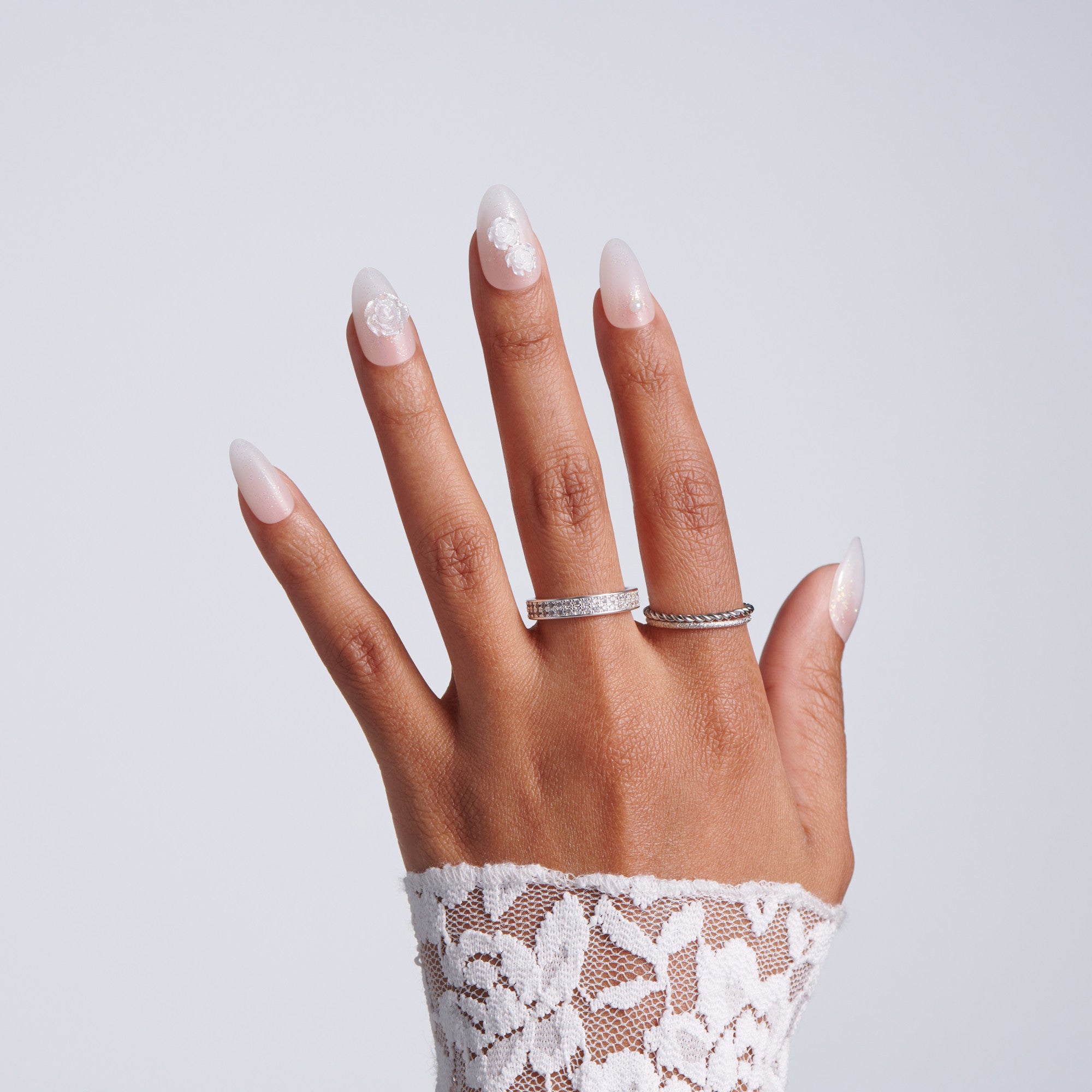 Kiss Glam Jeweled Press On Fake Glue Nails - Polaroid | 3D & Jeweled Design, White, Medium, Almond