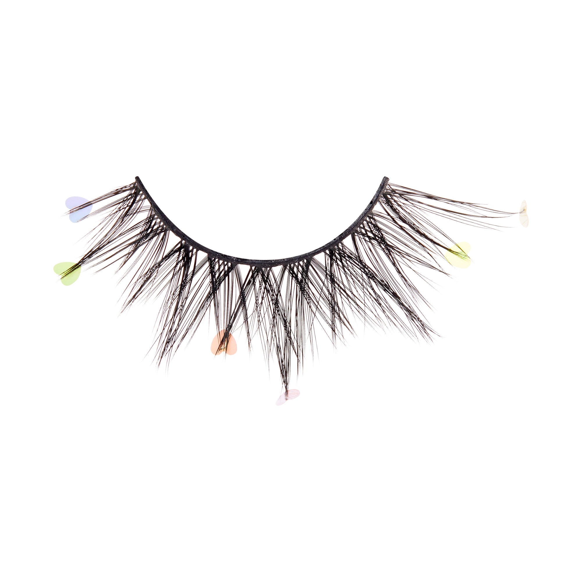 The image shows a single false eyelash with a unique design. The eyelash is black and features long, wispy strands. Attached to the tips of some of the strands are small, colorful decorations that resemble tiny petals or feathers in various colors, including blue, green, and pink. The overall appearance is striking and artistic, suggesting that these false eyelashes are intended for a bold and creative look.