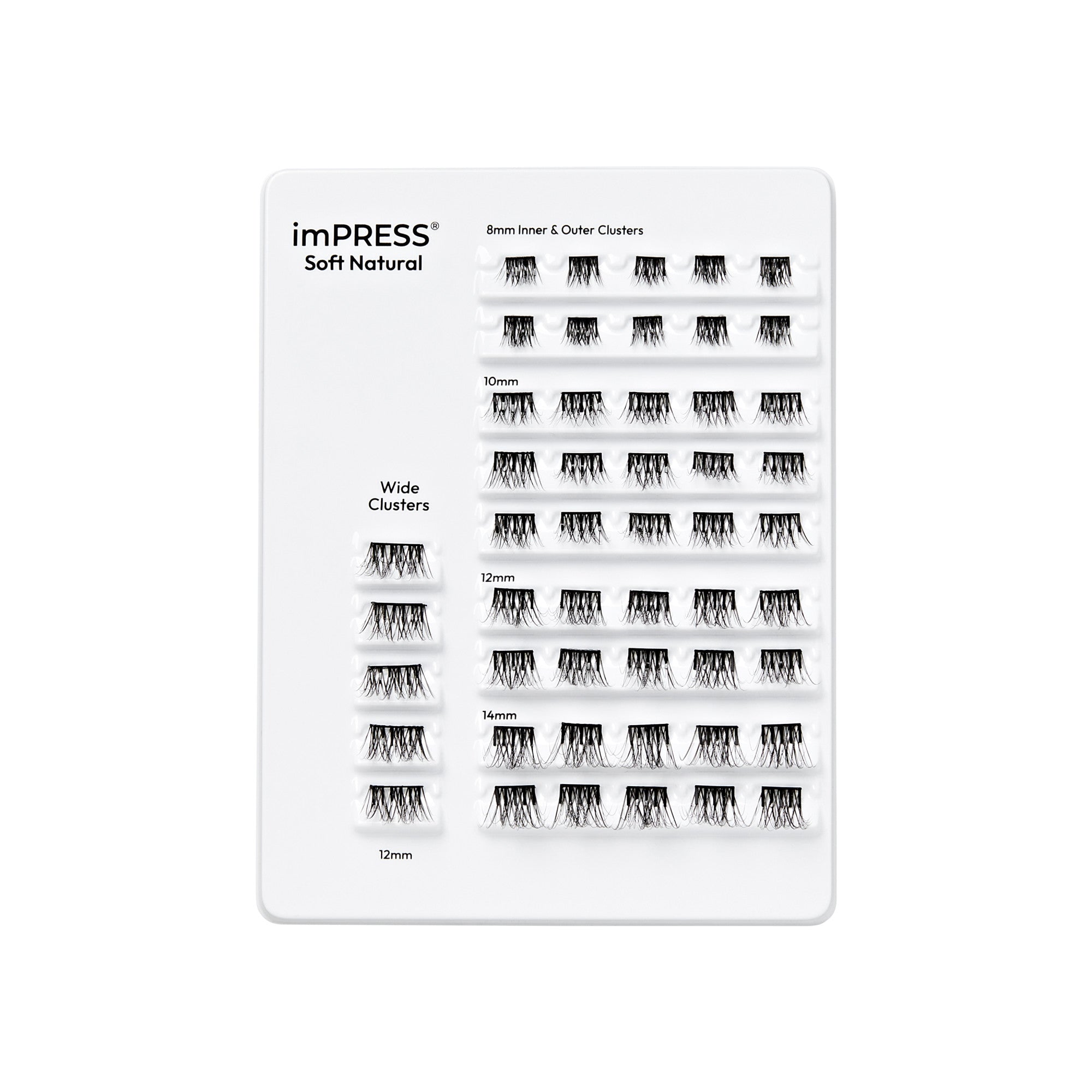 imPRESS Soft Natural lash clusters swatch palette in multiple sizes and styles.