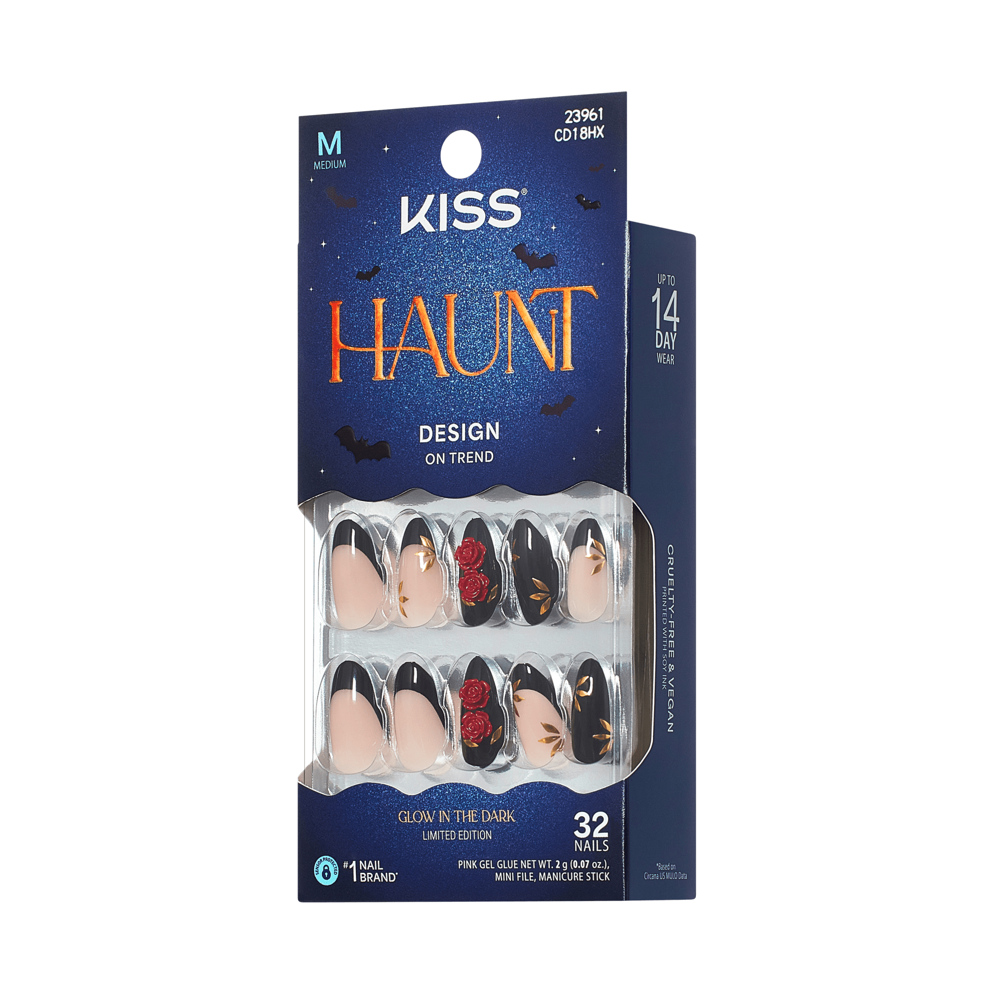 Kiss Haunt Halloween Press On Fake Glue Nails - Drop Dead Gorgeous | French Design, Black & Red, Medium, Almond, Glow In The Dark