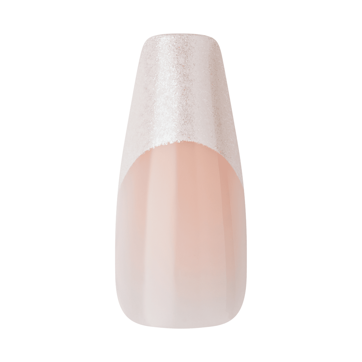 The image shows a single artificial nail tip. The nail has a glossy, light pink base color. The tip of the nail is decorated with a silver glitter design that covers the top portion of the nail, creating a gradient effect that transitions smoothly from the glitter to the pink base. The overall appearance is elegant and suitable for a stylish manicure.