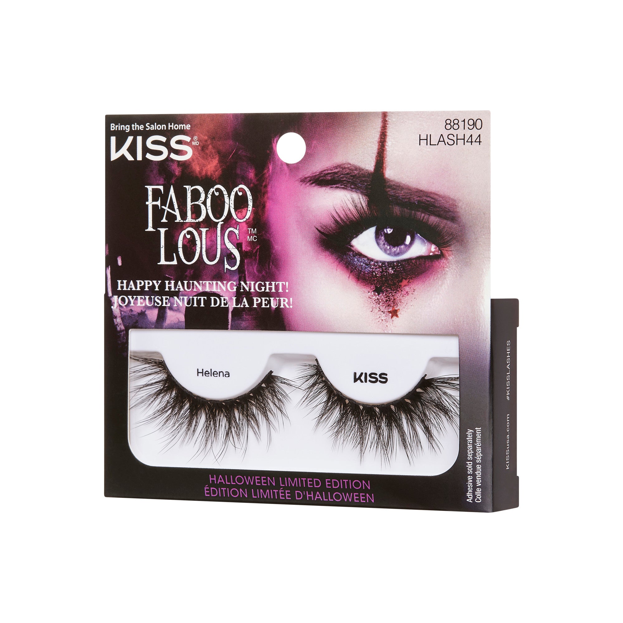 KISS Faboo Lous Helena Halloween lashes, black volumetric false eyelashes on white strip.