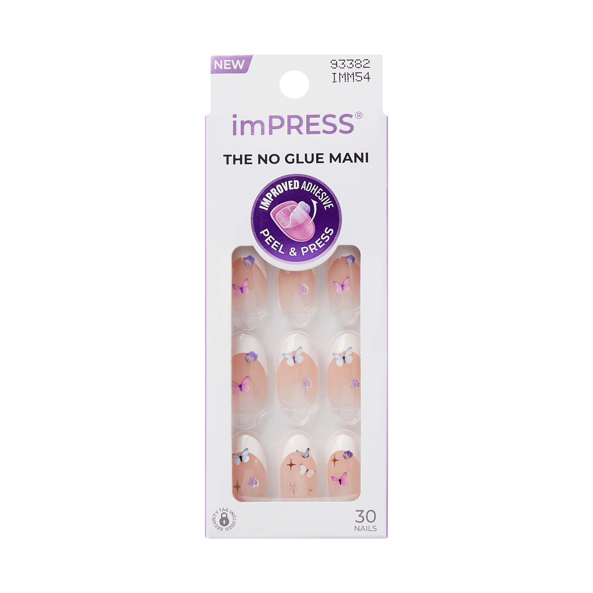 The image features a packaging for imPRESS nails, specifically labeled as "THE NO GLUE MANI." The package contains 30 press-on nails, showcasing a design that includes a light pink base with decorative elements, likely floral or artistic accents. The packaging highlights the "improved adhesive" feature and emphasizes the ease of use with a "peel & press" application method. The overall design is sleek and modern, aimed at providing a convenient and stylish nail solution.