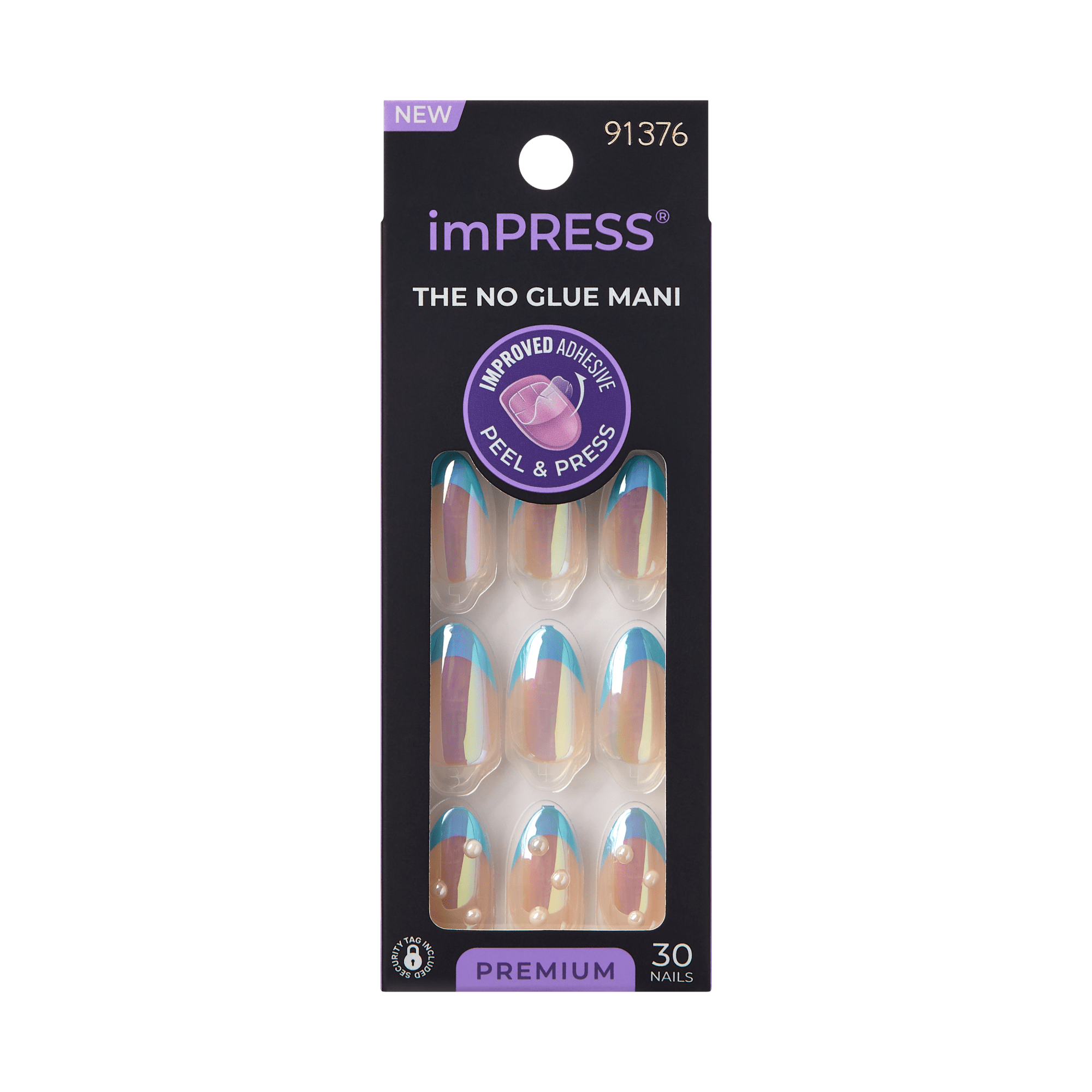 imPRESS No Glue Mani press-on nails with teal tips and pearl accents, 30 nails.