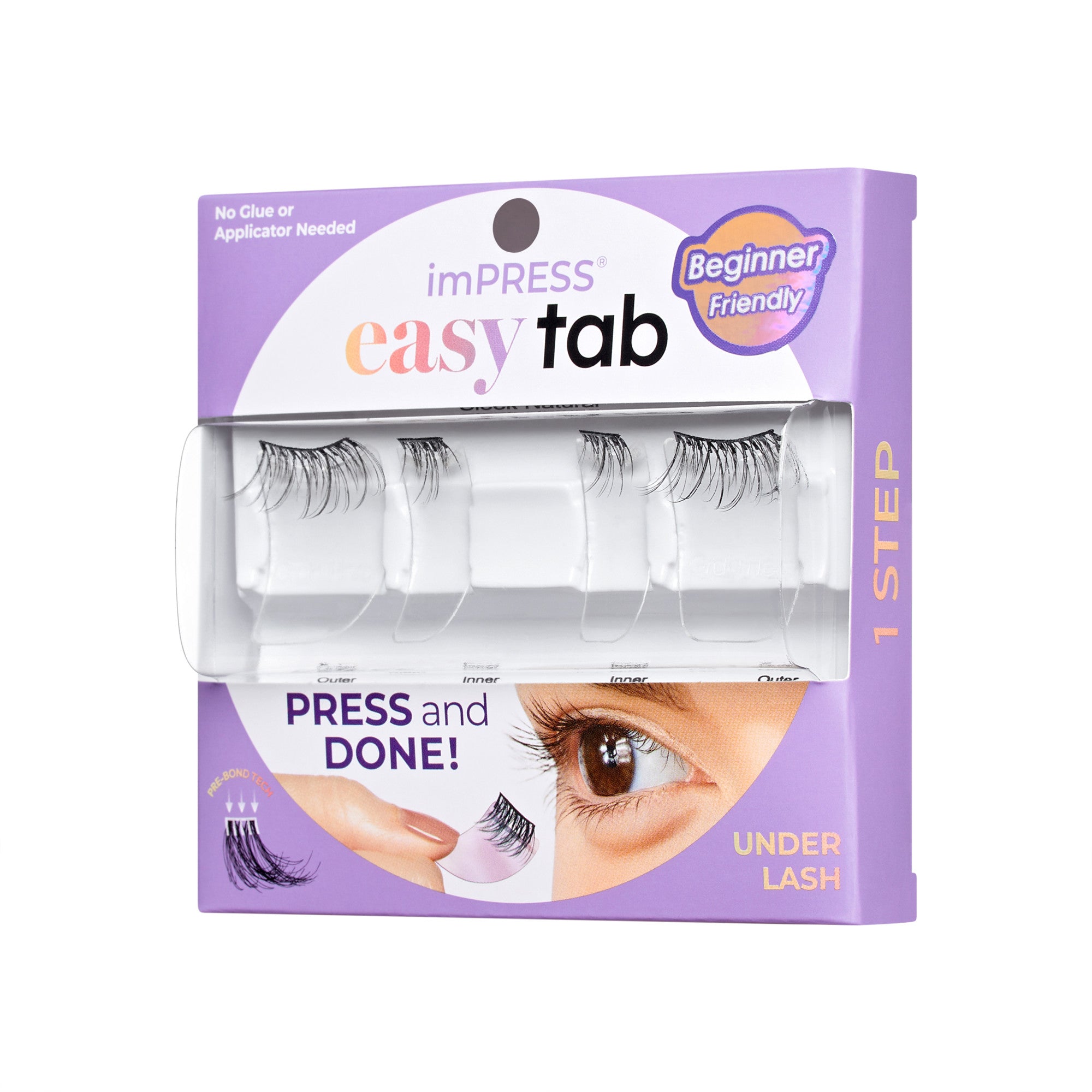 The image features a packaging for imPRESS Easy Tab under lash extensions. The box is predominantly purple and includes the text "Beginner Friendly" in a circular badge. It highlights that no glue or applicator is needed, emphasizing the ease of use with the phrase "PRESS and DONE!" The packaging showcases a clear window displaying the lash extensions inside, which are designed for easy application. The bottom of the box states "1 STEP" and "UNDER LASH," indicating the product&