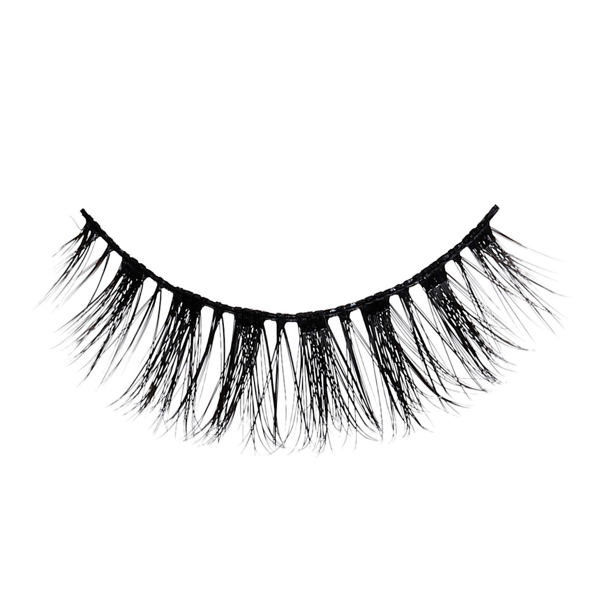 Single black false eyelash from KISS Lash Couture Faux Mink Muse collection, featuring long, wispy, and separated lash strands on a thin band.