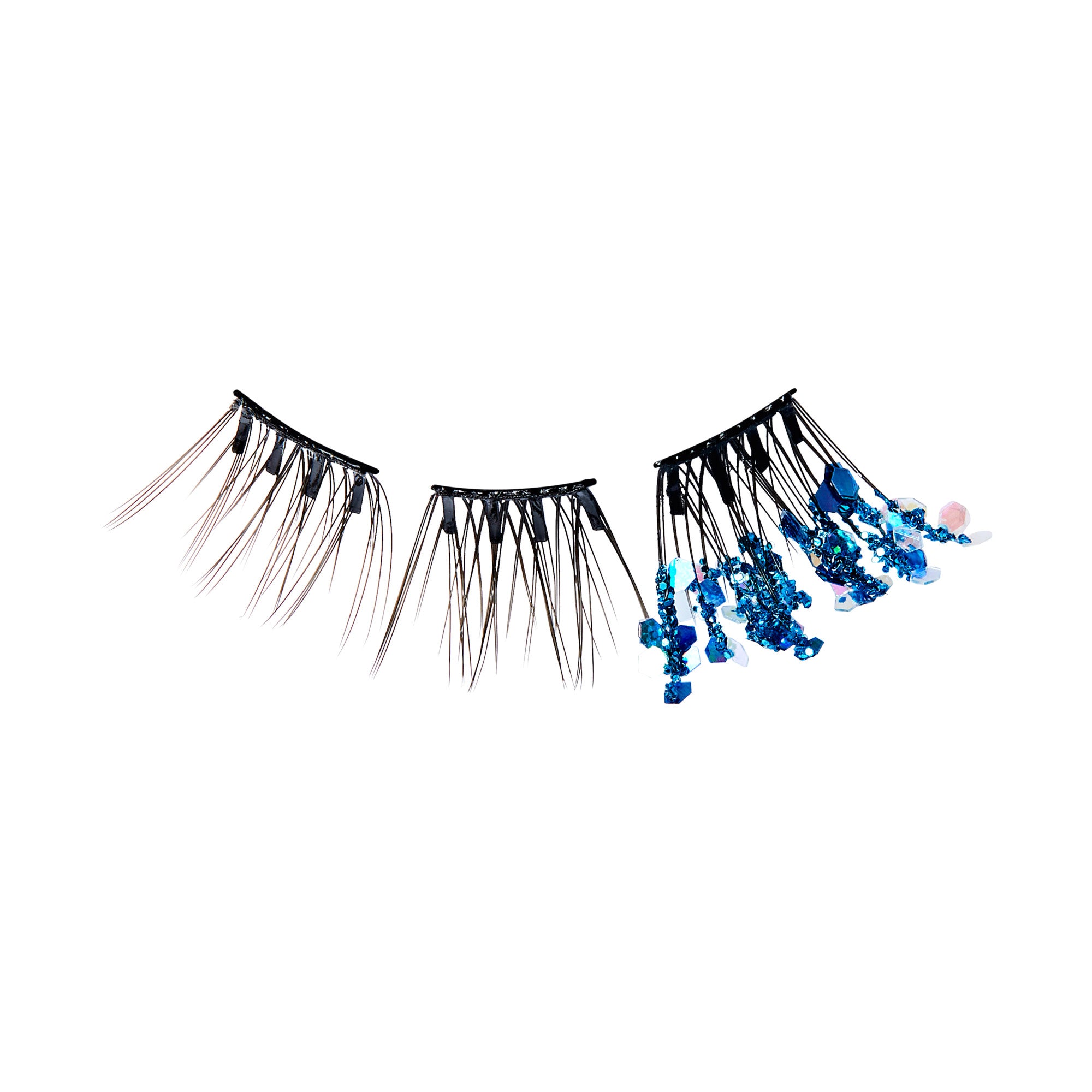 The image features a pair of false eyelashes designed with a unique and artistic flair. The lashes are predominantly black, with varying lengths that create a dramatic effect. Interspersed among the lashes are clusters of blue embellishments, adding a pop of color and sparkle. The overall look is bold and eye-catching, perfect for a glamorous makeup style or special occasion.