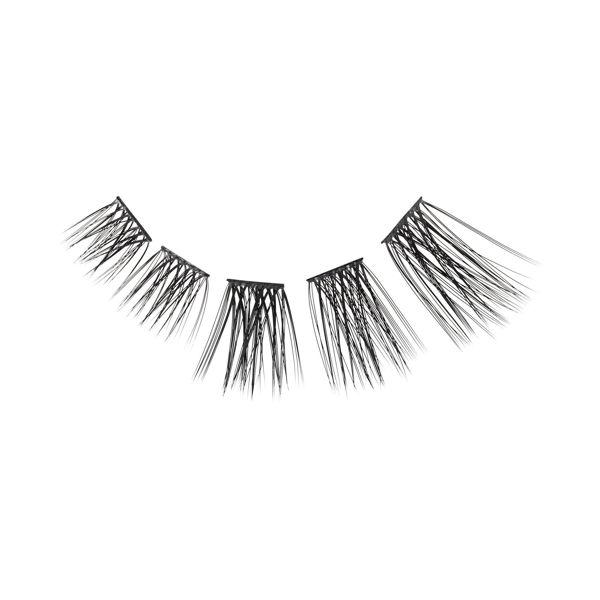 The image features a set of false eyelashes arranged in a curved line. The lashes are black and vary in length, with the shorter lashes on the ends and progressively longer ones towards the center. The design showcases a feathery, dramatic look, ideal for enhancing eye makeup. The background is plain white, emphasizing the lashes&