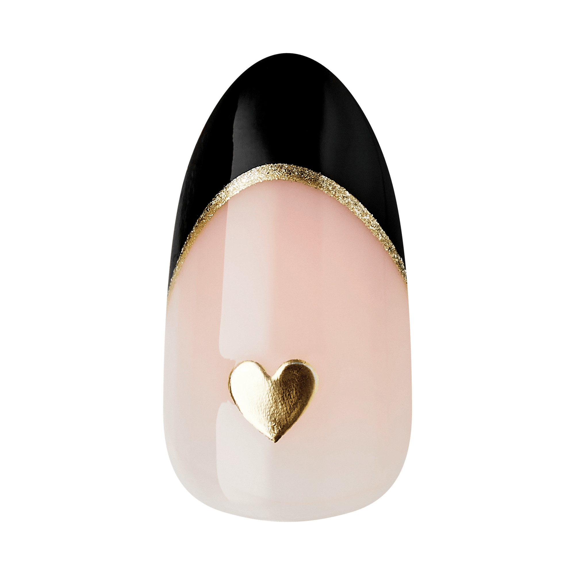 The image features a stylish nail design. The nail is shaped in an almond style with a glossy finish. The base color is a soft pink, complemented by a sleek black tip. A thin gold line runs along the edge where the pink meets the black, adding a touch of elegance. At the center of the pink area, there is a small, gold heart accent, enhancing the overall charm of the design.
