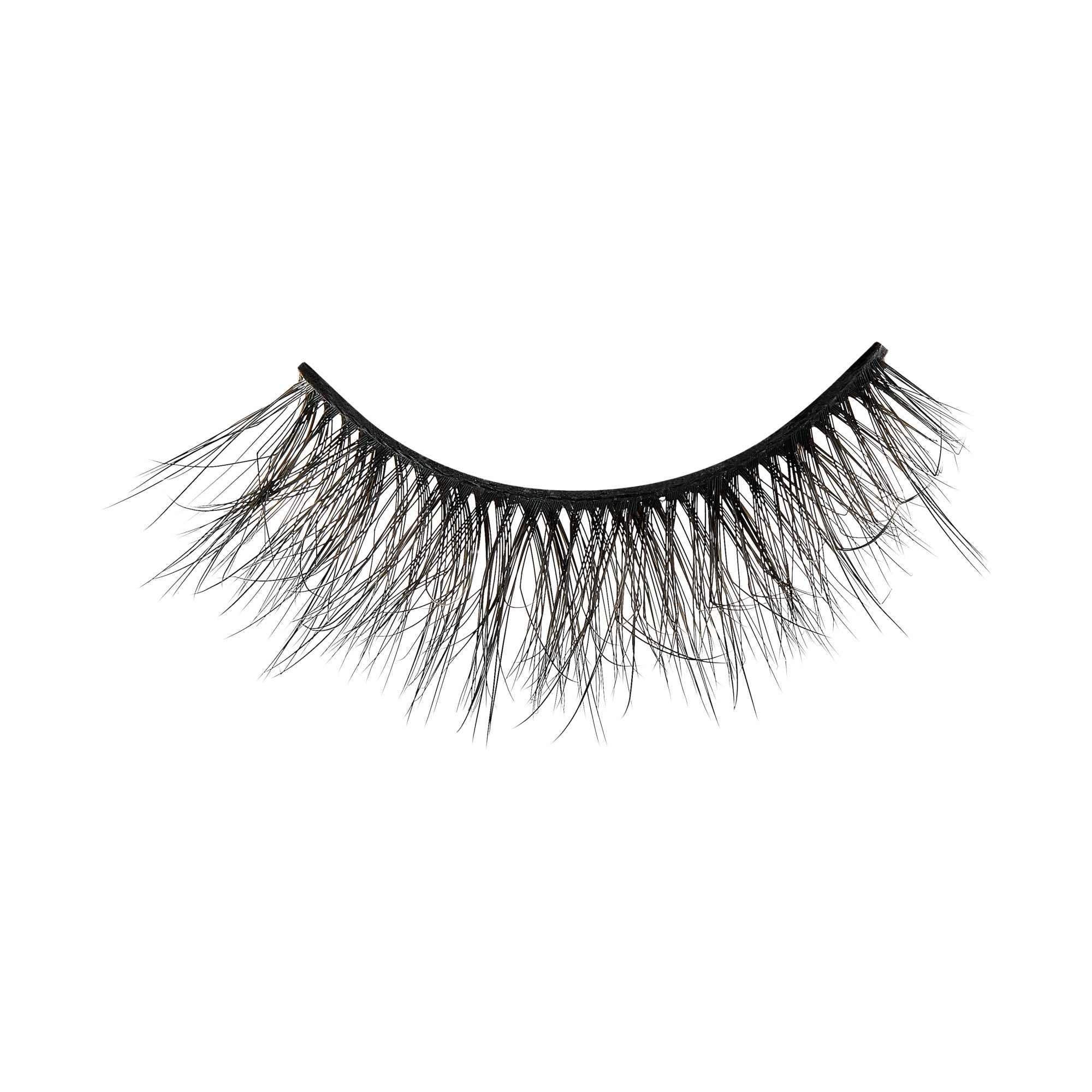Black false eyelashes with dramatic, layered lashes on white background.