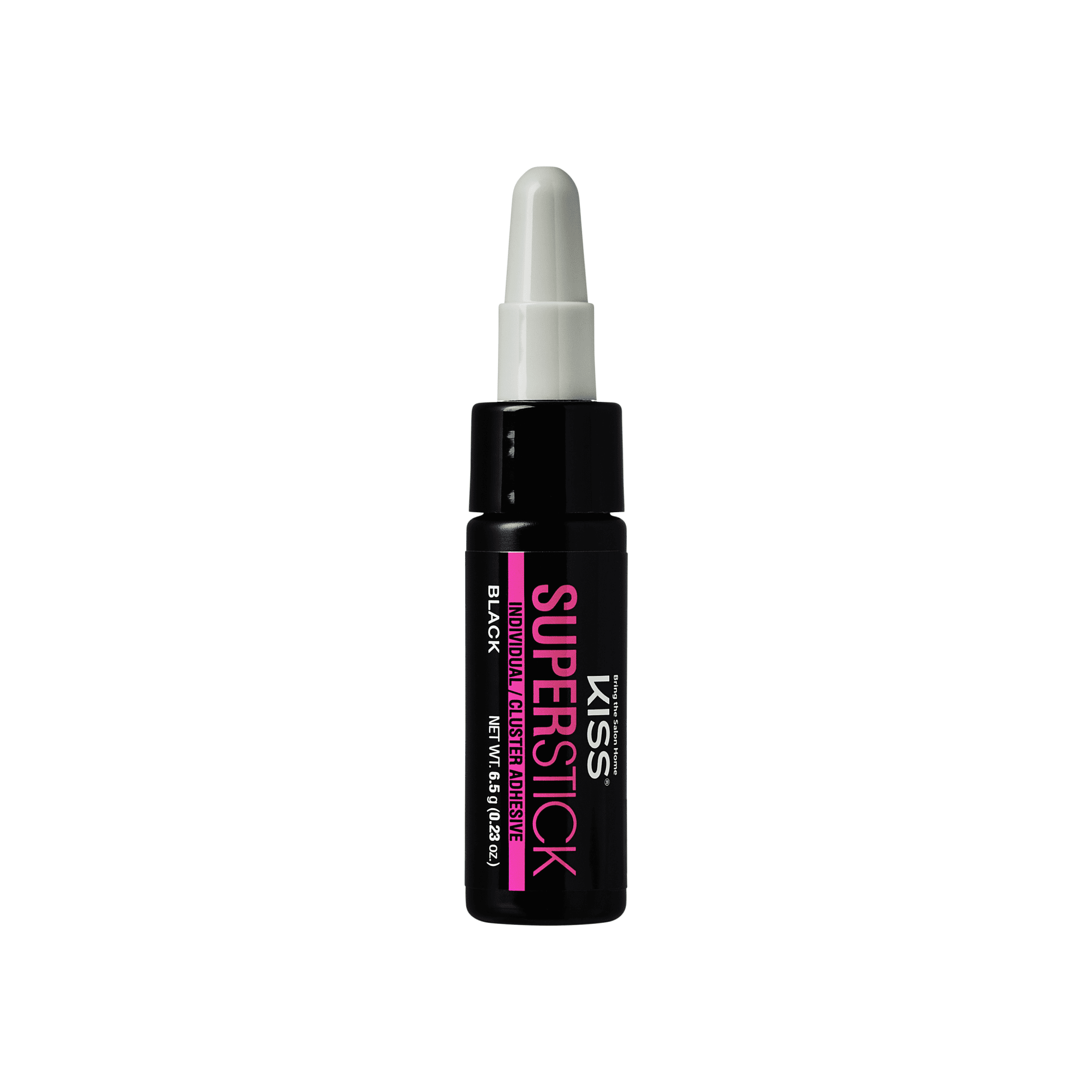 The image features a small, cylindrical container of a product labeled "KISS SUPERSTICK." The container is predominantly black with a white cap and has pink accents in the text. The label indicates that the product is black and is likely a cosmetic item, possibly a lip or eyeliner product. The net weight is noted as 0.15 oz (4.25 g). The design is sleek and modern, appealing to a beauty-conscious audience.