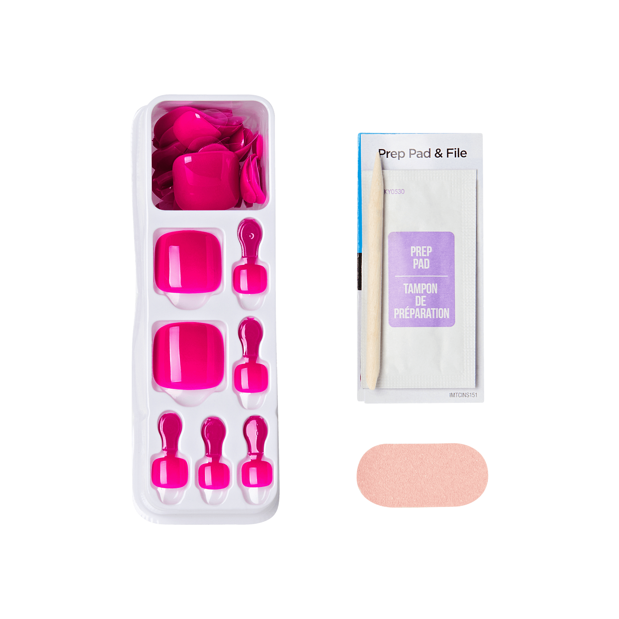 Set of pink press on nails, including a prep pad and file on a transparent background