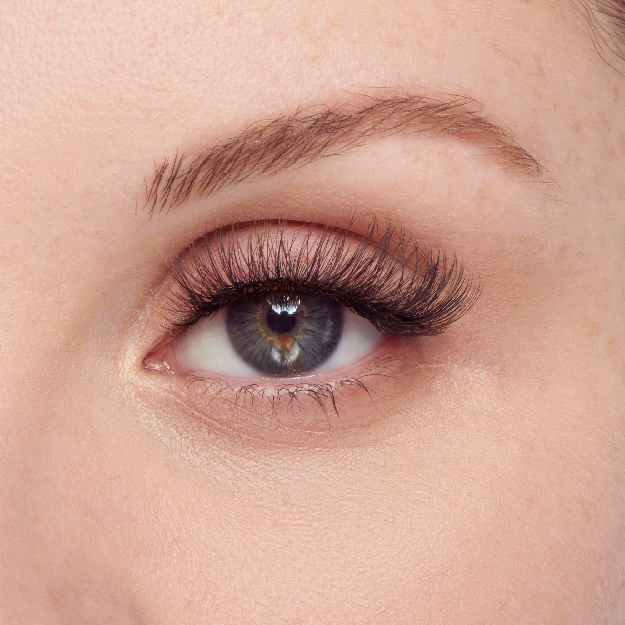 The image shows a close-up of a human eye. The eye has a blue iris with a dark outer ring and a lighter inner ring. The eyelashes are long and well-defined, and the eyelid is adorned with subtle, natural-looking makeup. The eyebrow above the eye is well-groomed, with a natural arch. The skin around the eye appears smooth and clear.