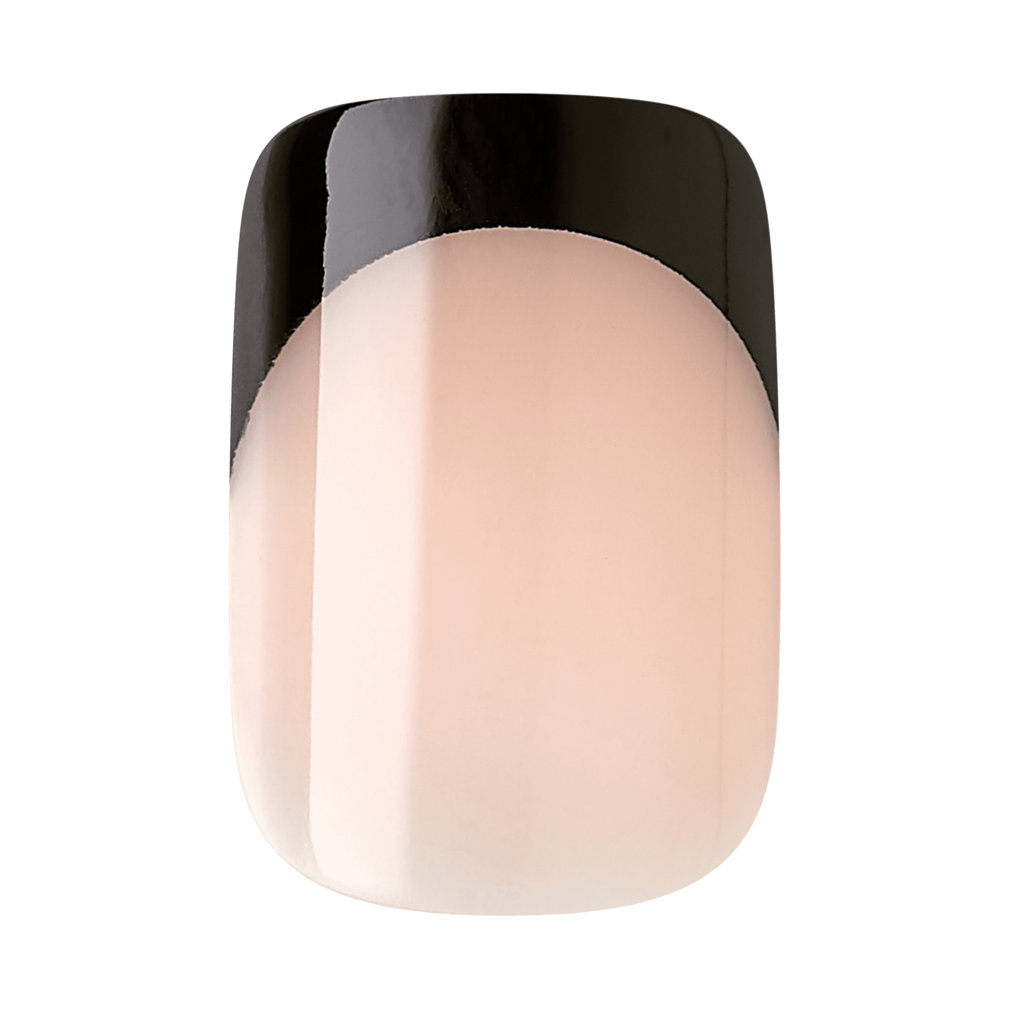 The image shows a single artificial nail with a glossy finish. The nail features a minimalist design with a nude base color that covers most of the nail. The top portion of the nail is painted black, creating a modern and stylish contrast. The shape of the nail is slightly rounded at the edges, giving it a sleek and polished appearance.