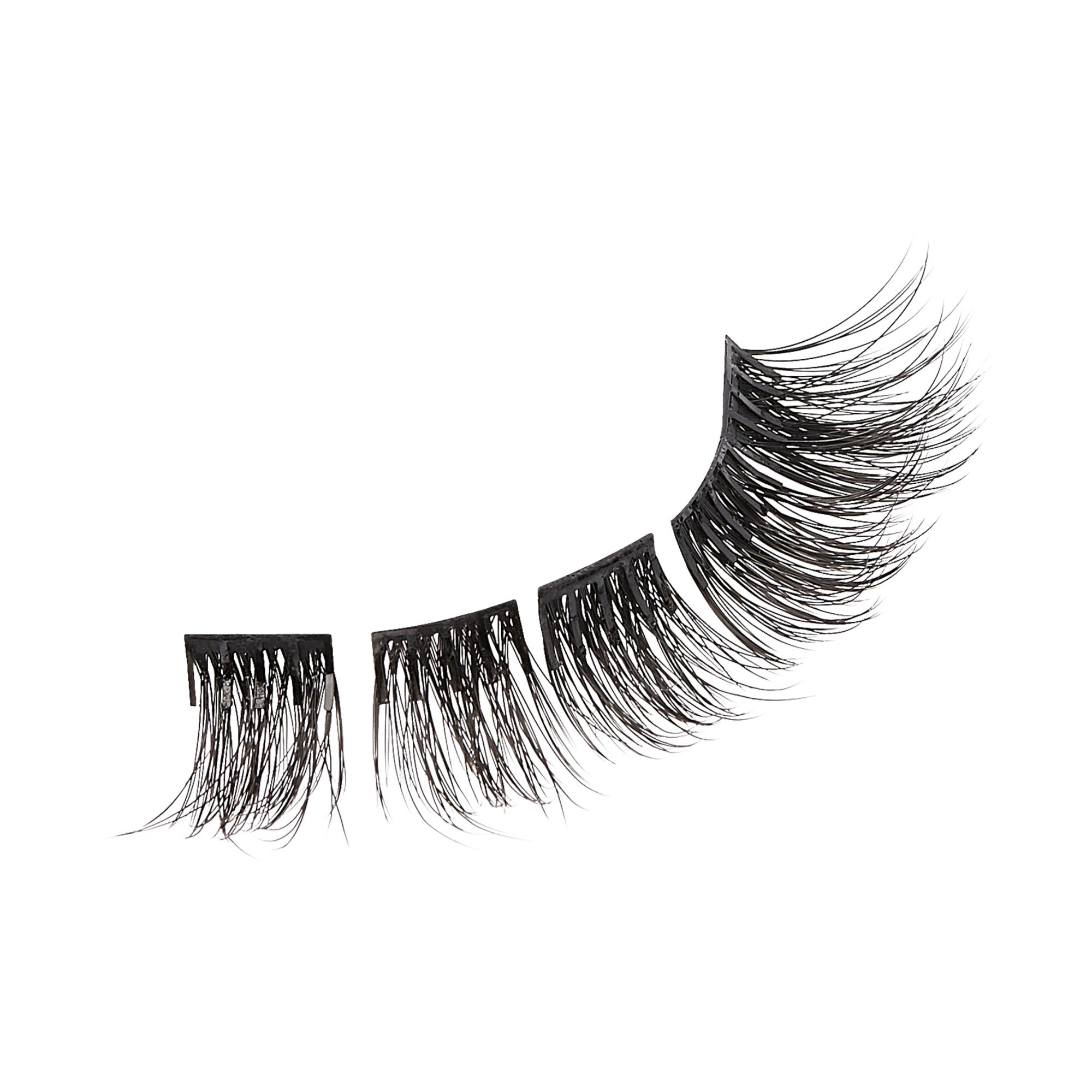Four separate black synthetic eyelash clusters arranged in an arc on a white background, showing varying lengths from short to long.