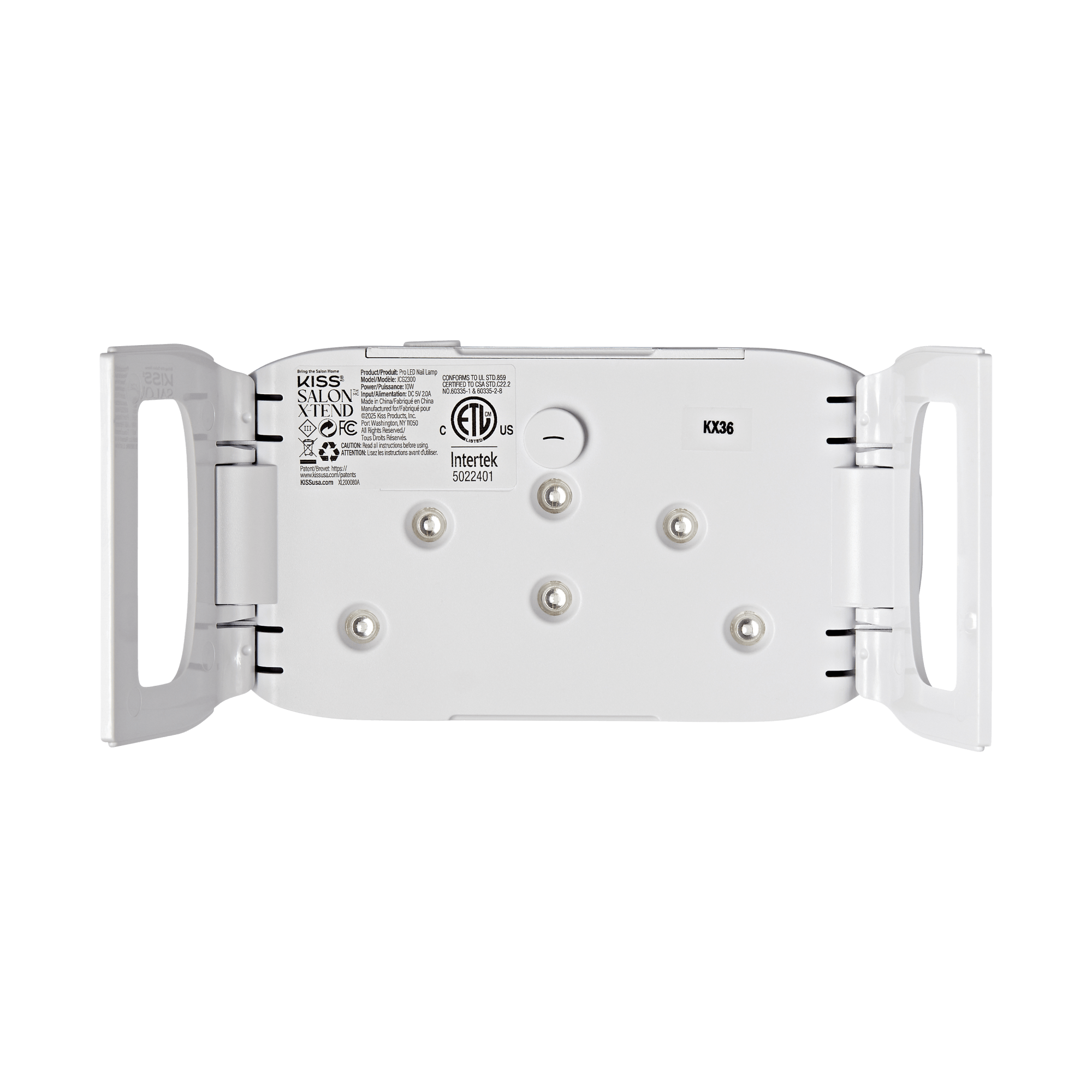 The image shows the underside of a device, likely a lighting fixture or similar equipment. It features a smooth, white surface with several circular LED lights arranged in a pattern. There are two handles on either side for easy handling or installation. Various labels and markings are present, including safety certifications and model information. The overall design appears modern and functional.