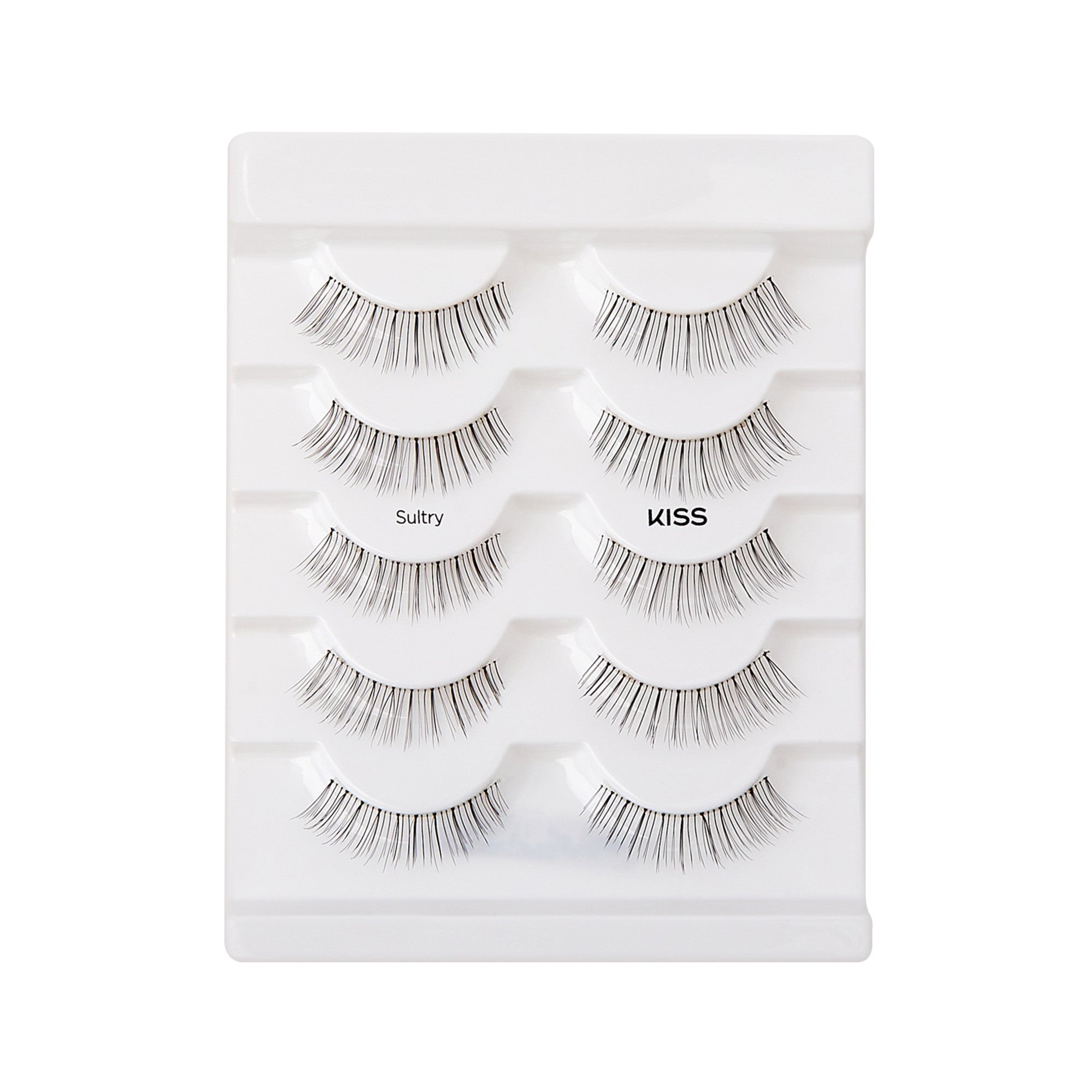 Set of five pairs of natural-looking false eyelashes neatly arranged on white plastic packaging, labeled \