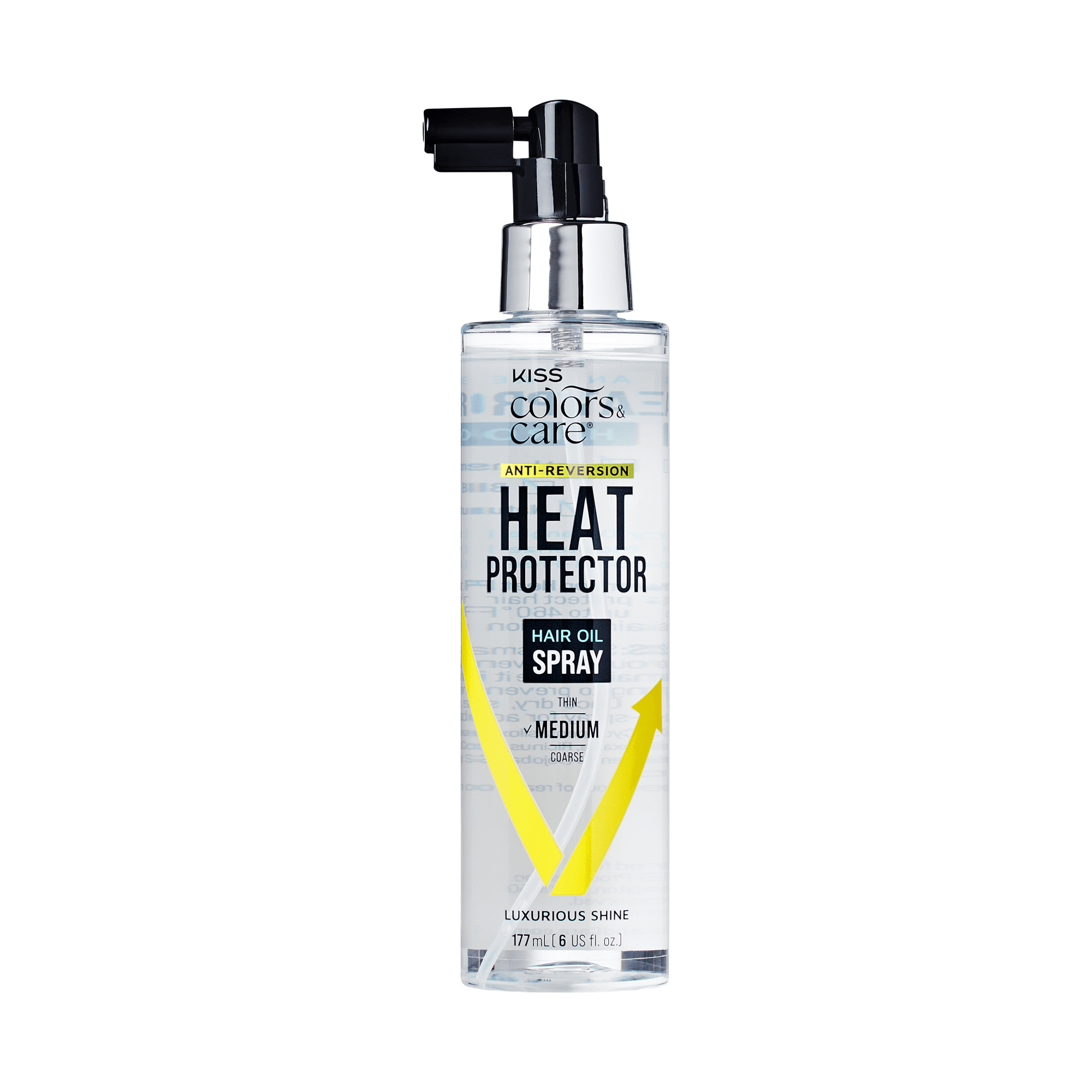 Clear spray bottle of KISS Colors & Care Anti-Reversion Heat Protector Hair Oil Spray with black and silver pump, labeled for medium hair and luxurious shine.