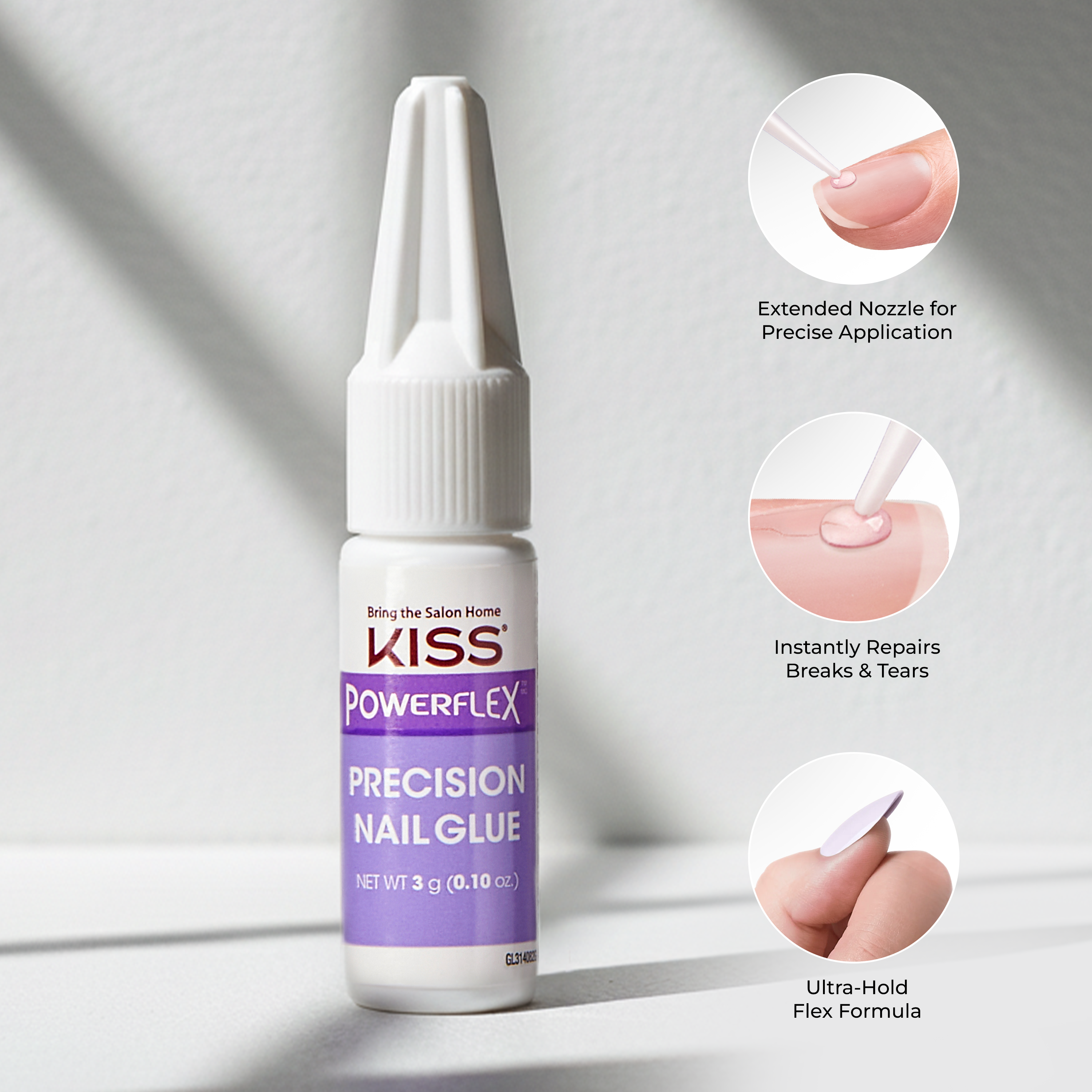 KISS Powerflex Precision Nail Glue bottle with features highlighted on a light gray background