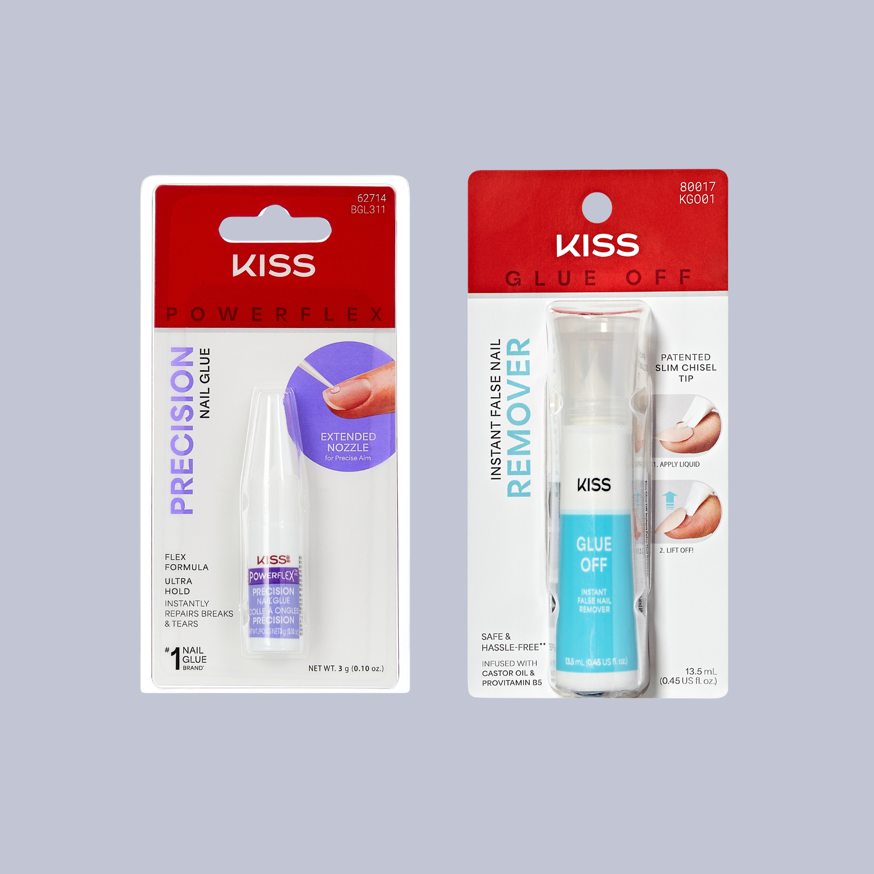 Two Kiss nail care products on a gray background