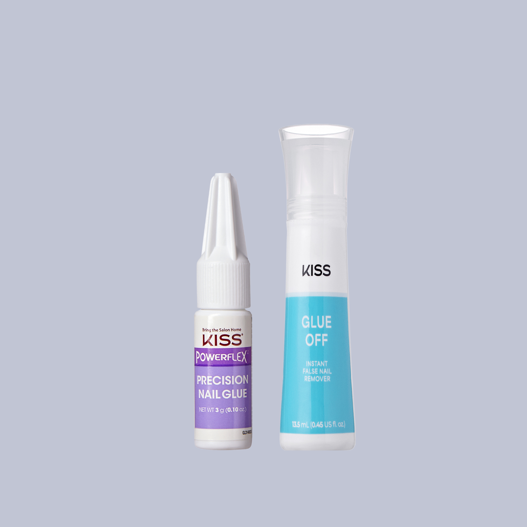 Two bottles of KISS nail products on a gray background