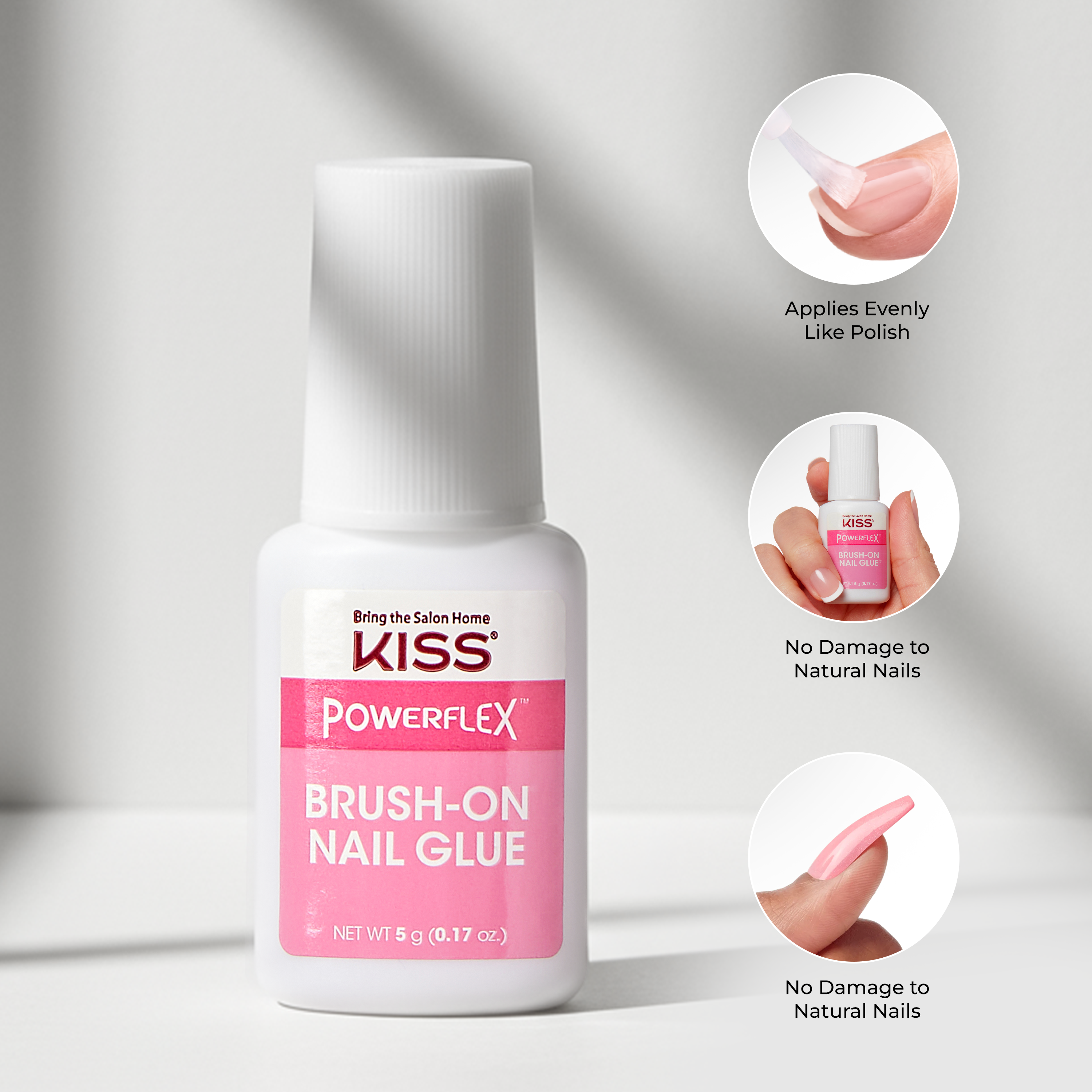 Bottle of KISS PowerFlex Brush-On Nail Glue with white cap and pink label, highlighting even polish application and no damage to natural nails.