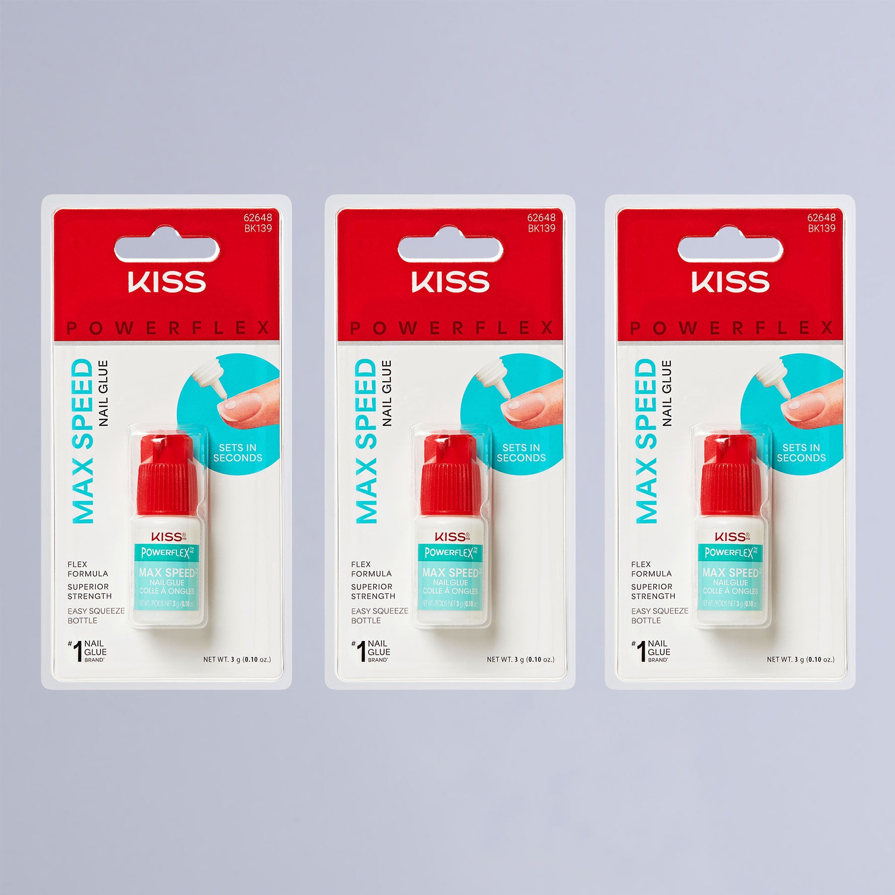 Three KISS PowerFlex Max Speed Nail Glue packages with red caps on light background.