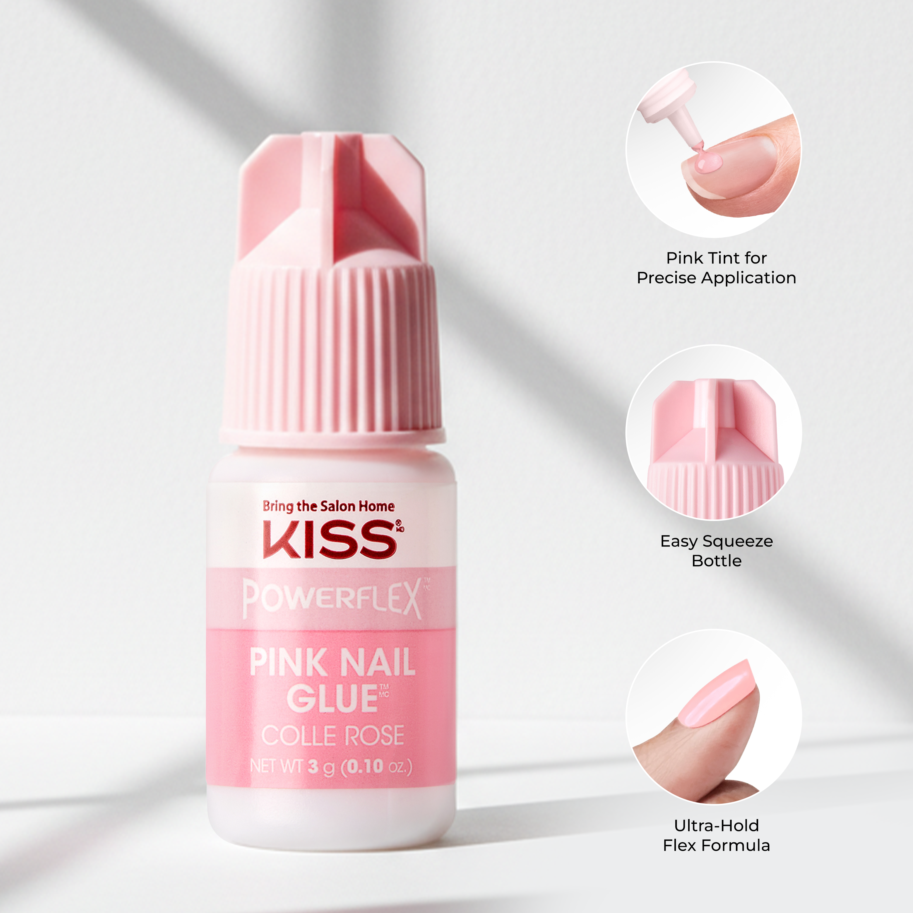 KISS PowerFlex Pink Nail Glue bottle with applicator tip and product features highlighted.