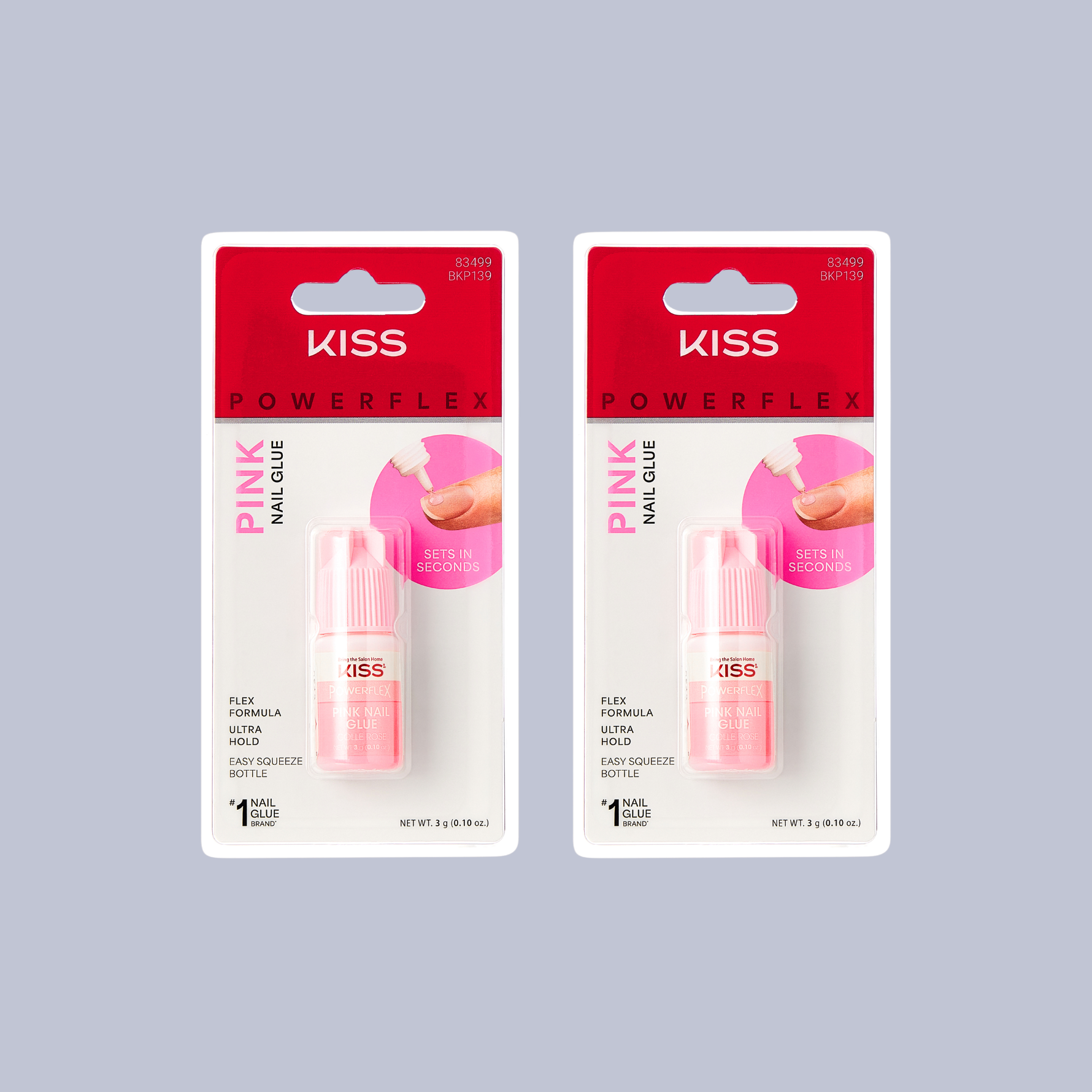 Two packages of Kiss Powerflex Pink Nail Glue on a gray background