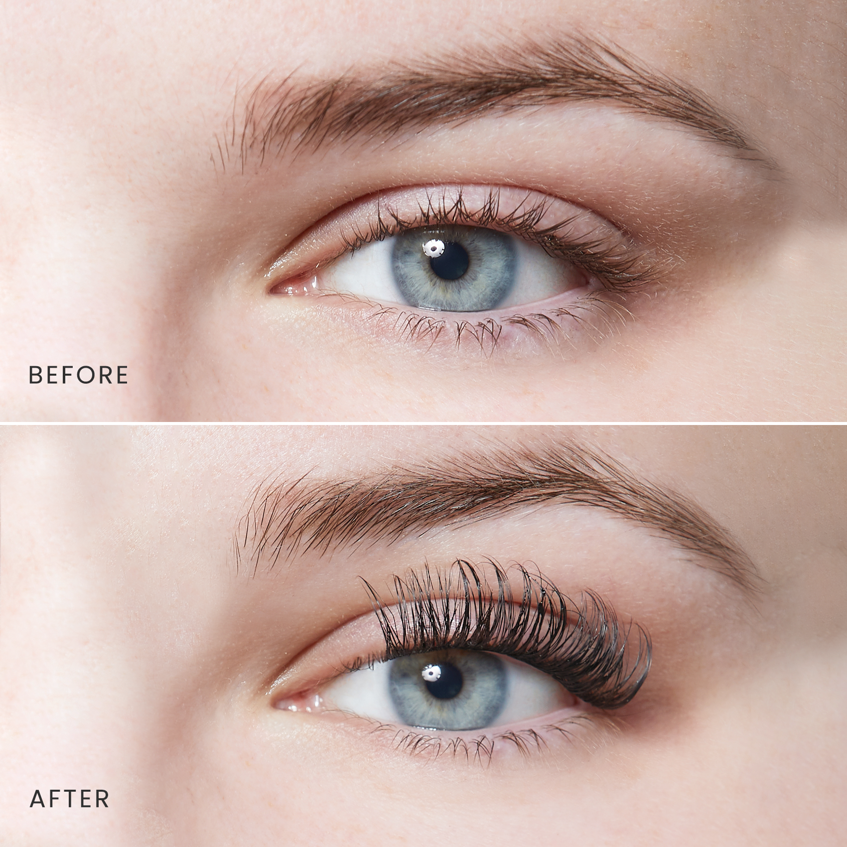 Close-up side-by-side comparison of a blue eye before and after applying FALSCARA Lengthening Wisps 16mm lashes, showing natural lashes versus fuller, longer, curled lashes.