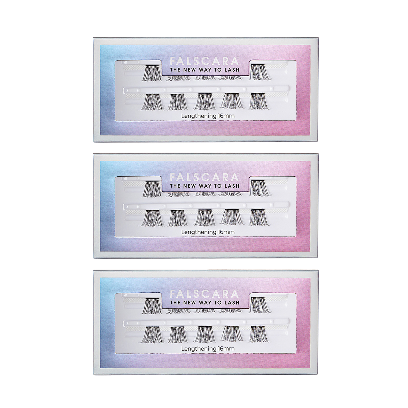 Three rectangular packages of FALSCARA Lengthening Wisps 16mm eyelash extensions, each with a blue-to-pink gradient border and the tagline \