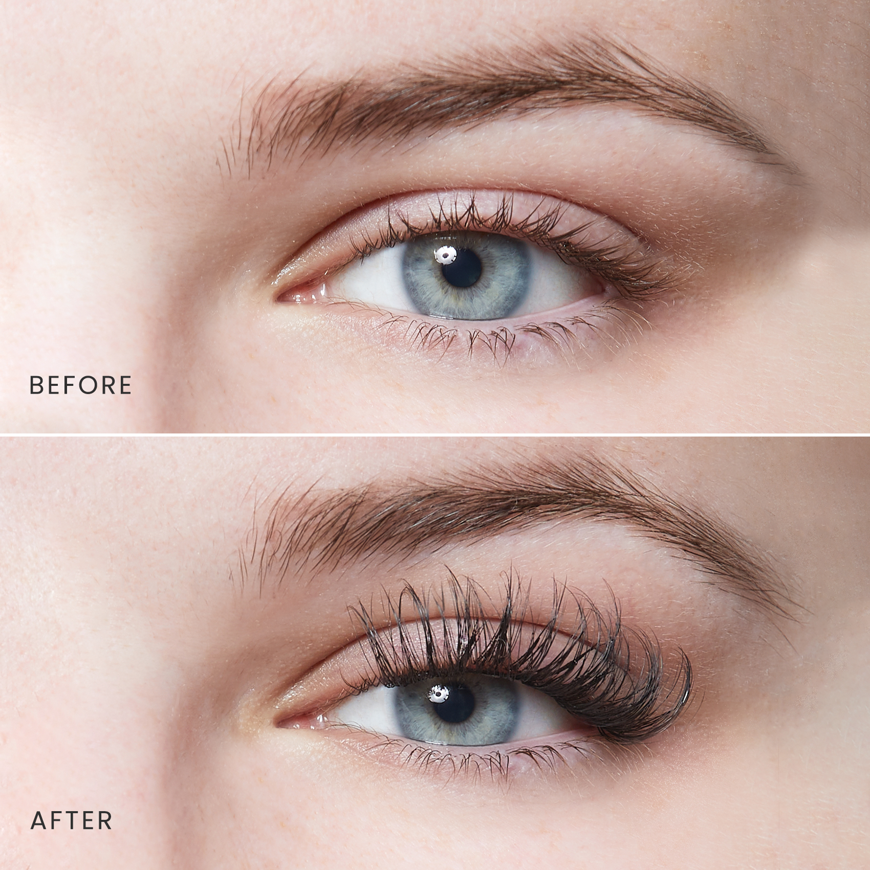 Close-up comparison of a blue eye with natural short lashes labeled \