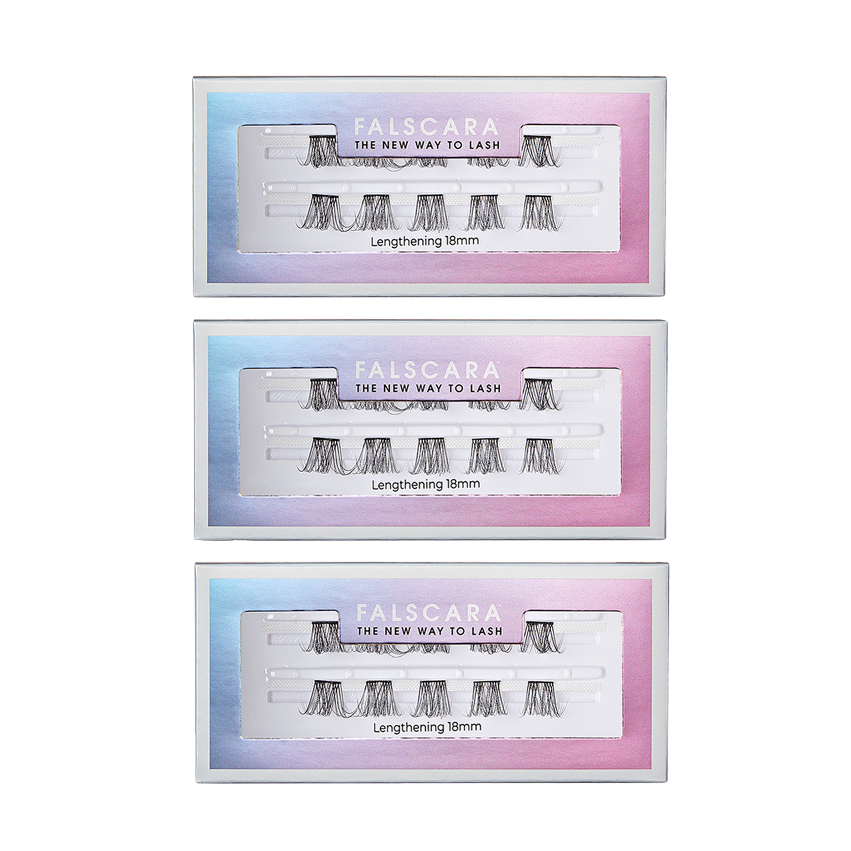 Three rectangular packs of FALSCARA Lengthening Wisps eyelash extensions, each with black lash clusters arranged inside a window on a gradient blue-to-pink background. Text on packaging reads \
