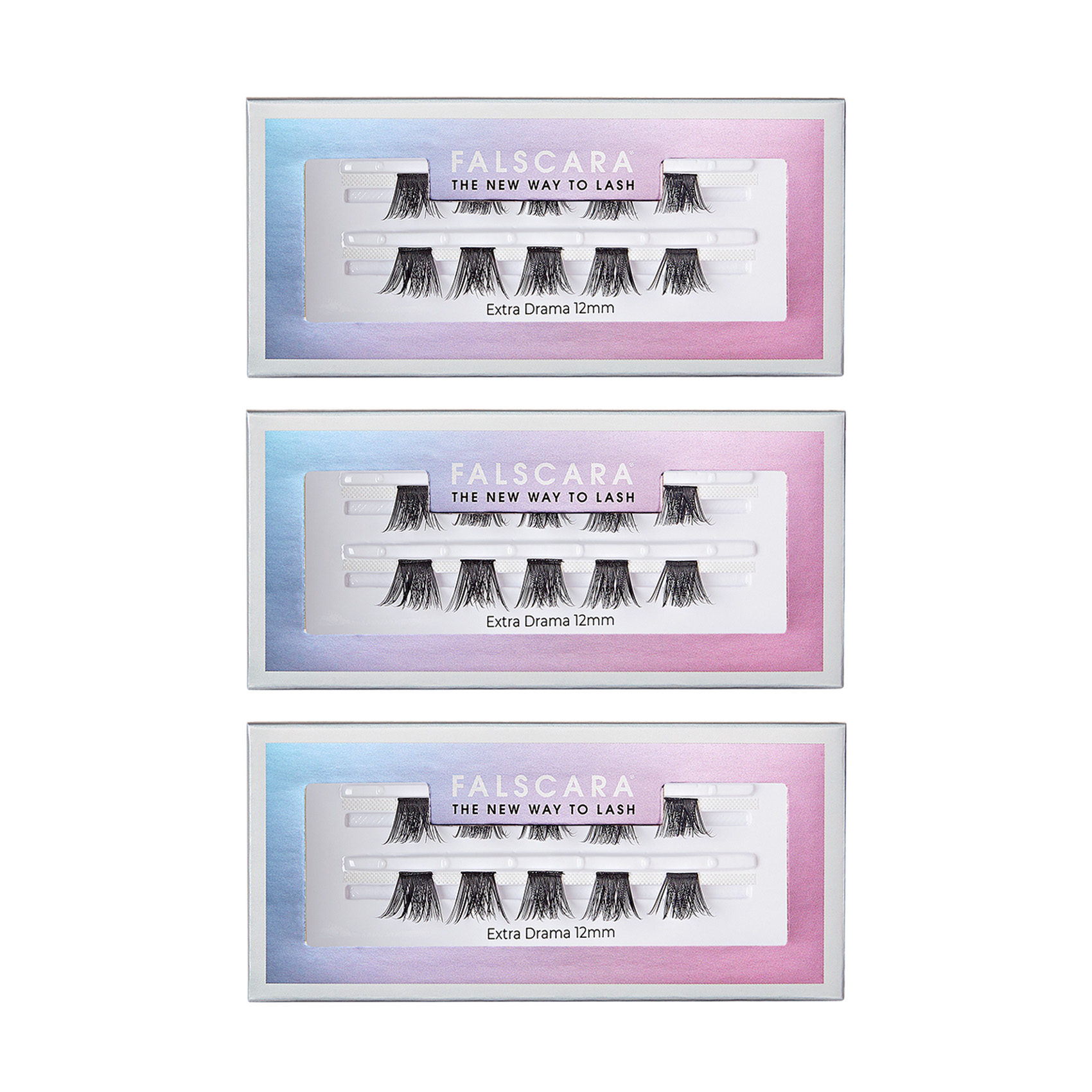 Three identical packages of FALSCARA Extra Drama Wisps 12mm false eyelashes, each showing five pairs of black, short, dramatic lash segments inside a rectangular box with a gradient blue to pink border and the tagline \