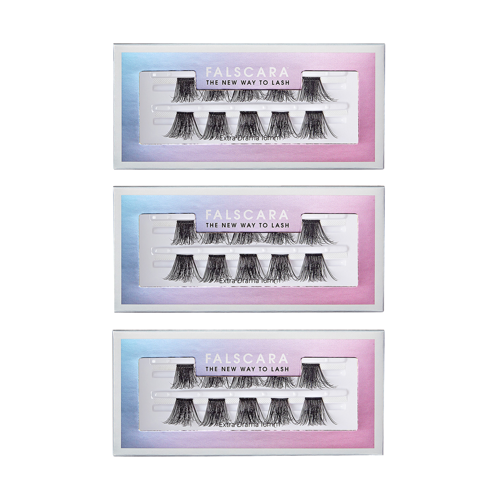 Three rectangular packages of FALSCARA false eyelashes, each showing a set of black wispy lashes inside a window on a blue-to-pink gradient background. The packaging text reads \