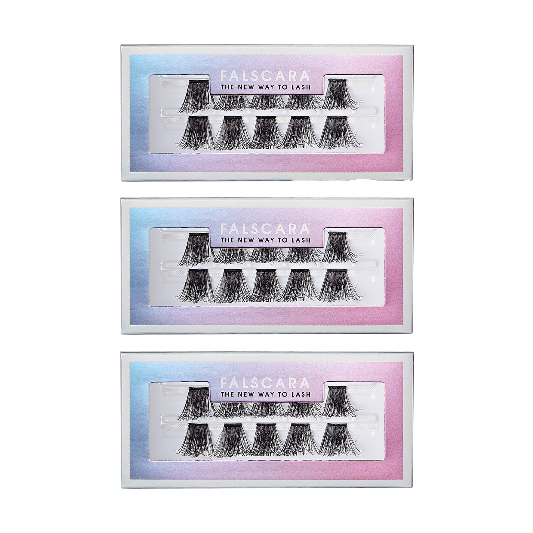Three rectangular boxes of FALSCARA Extra Drama Wisps 18mm false eyelashes with a gradient blue-to-pink border and the text \
