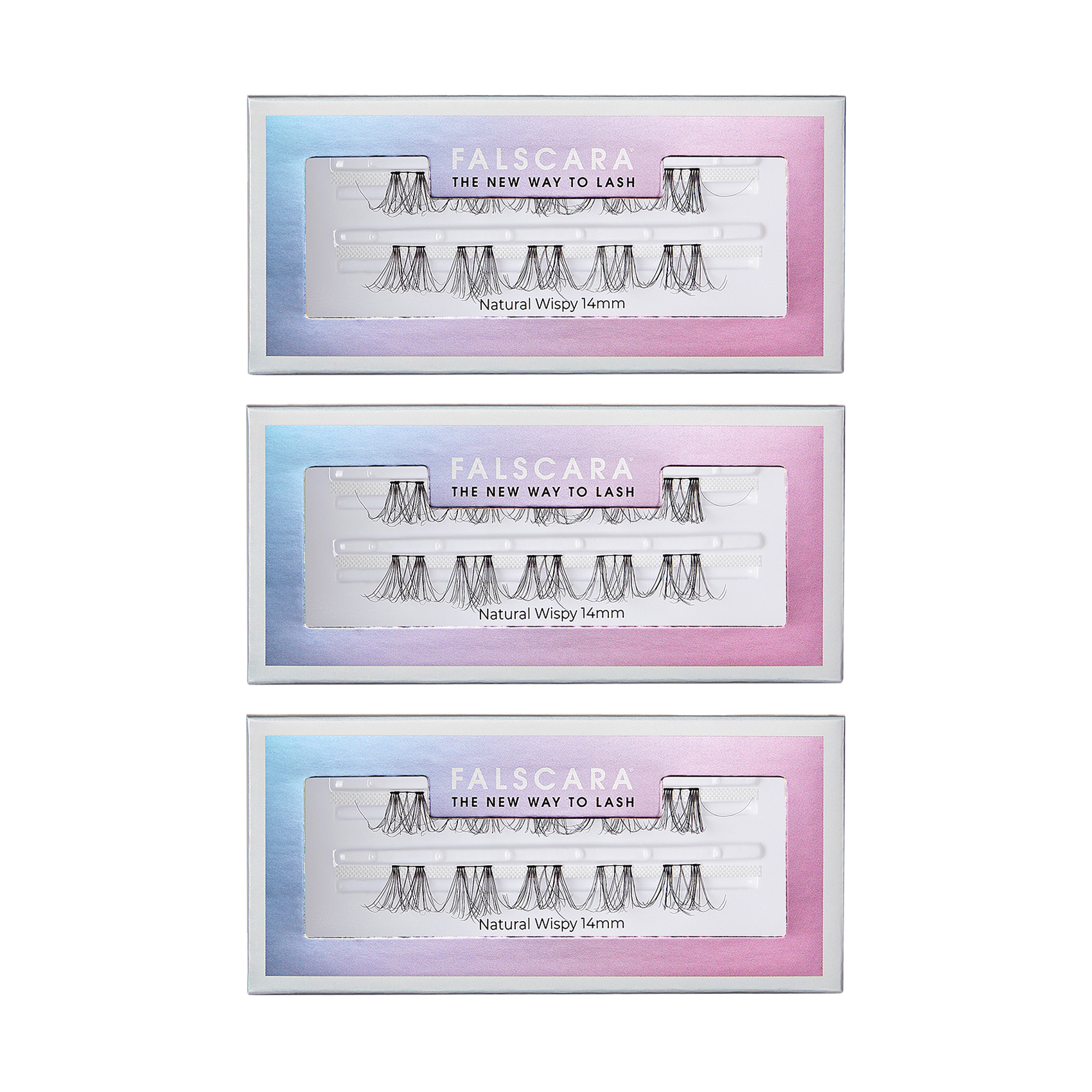 Three rectangular FALSCARA eyelash extension packages with a gradient blue to pink border, each showing natural wispy 14mm lash clusters inside. The packaging text reads \